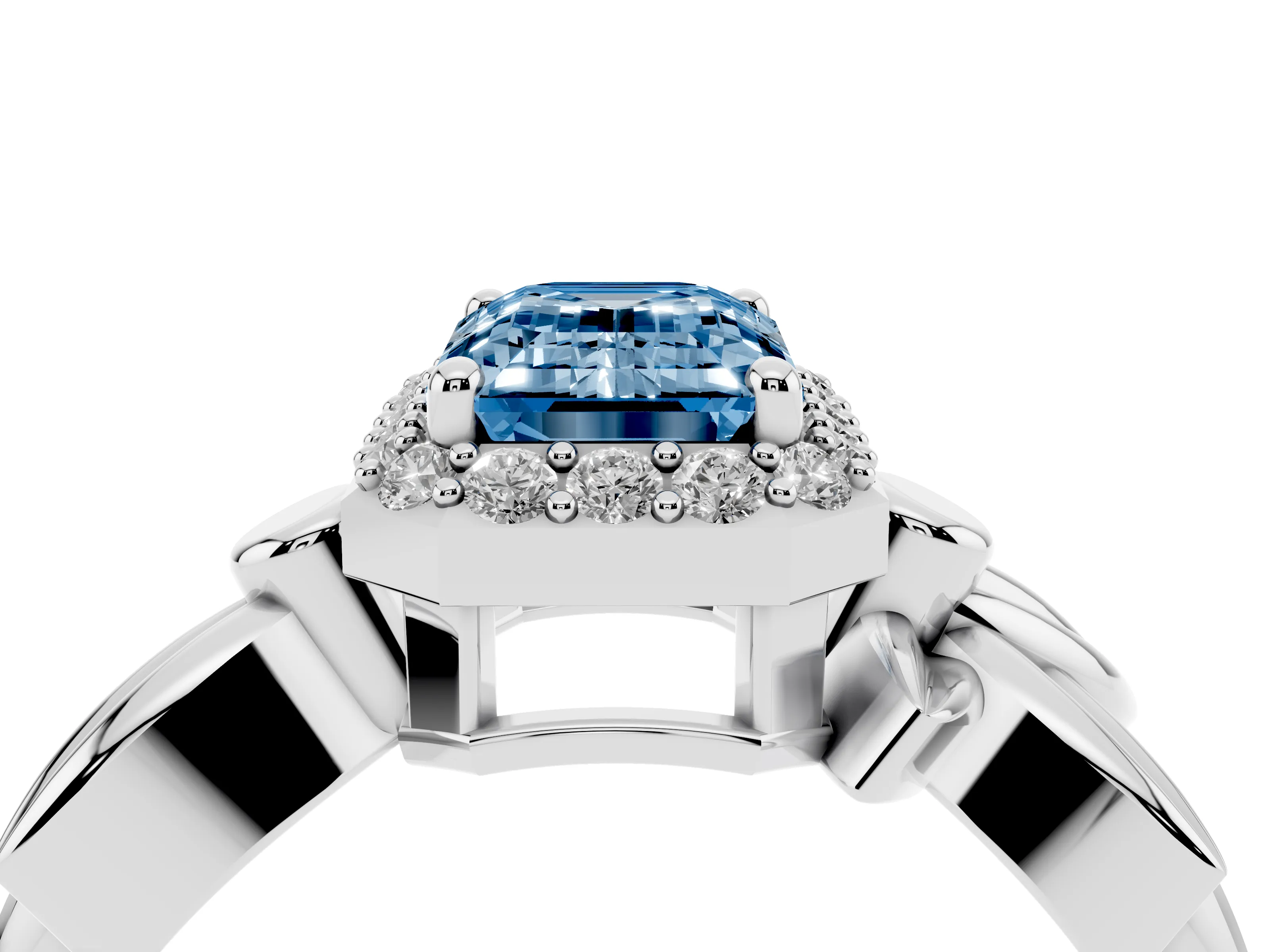 Fancy Blue Emerald Cut Diamond Halo Floral Band Ring Set in White gold with Prong Setting