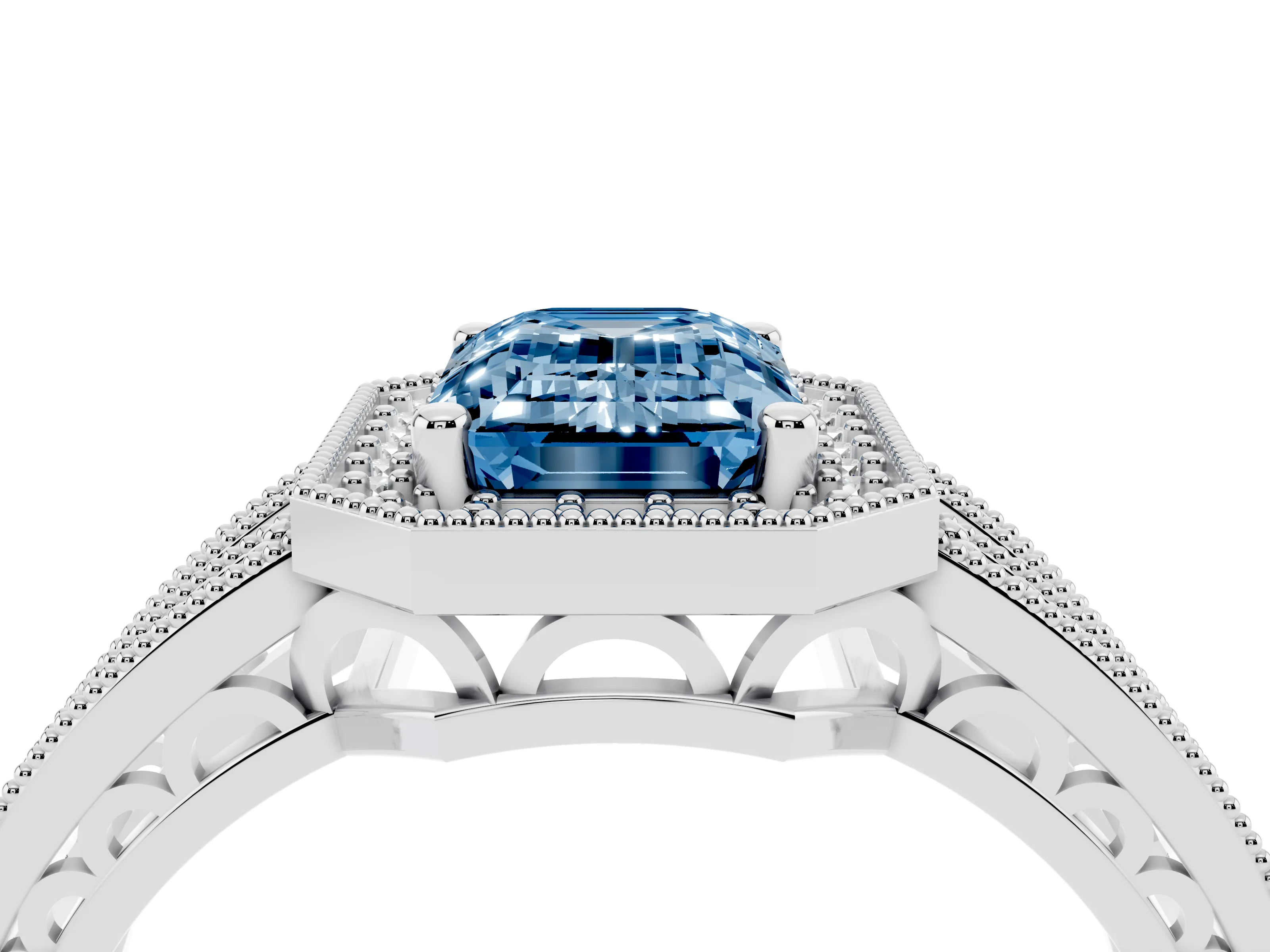Fancy Blue Emerald Cut Diamond Halo Ring Set in Silver with Accent Split Shank and Prong Setting