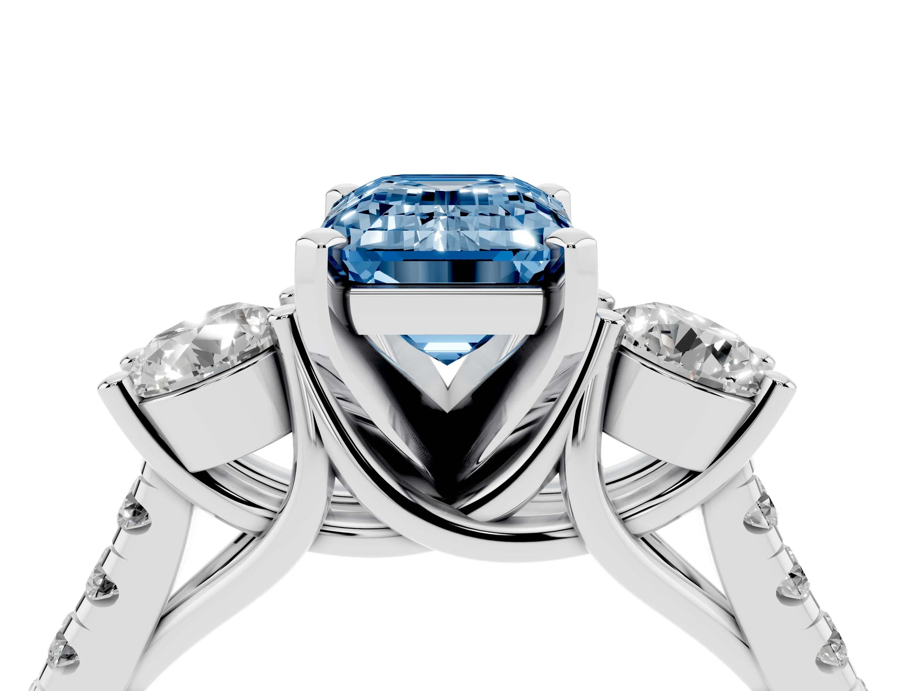 Fancy Blue Three-Stone Emerald Cut Diamond Pavé Band Ring Set in Platinum with Prong-Set Trio