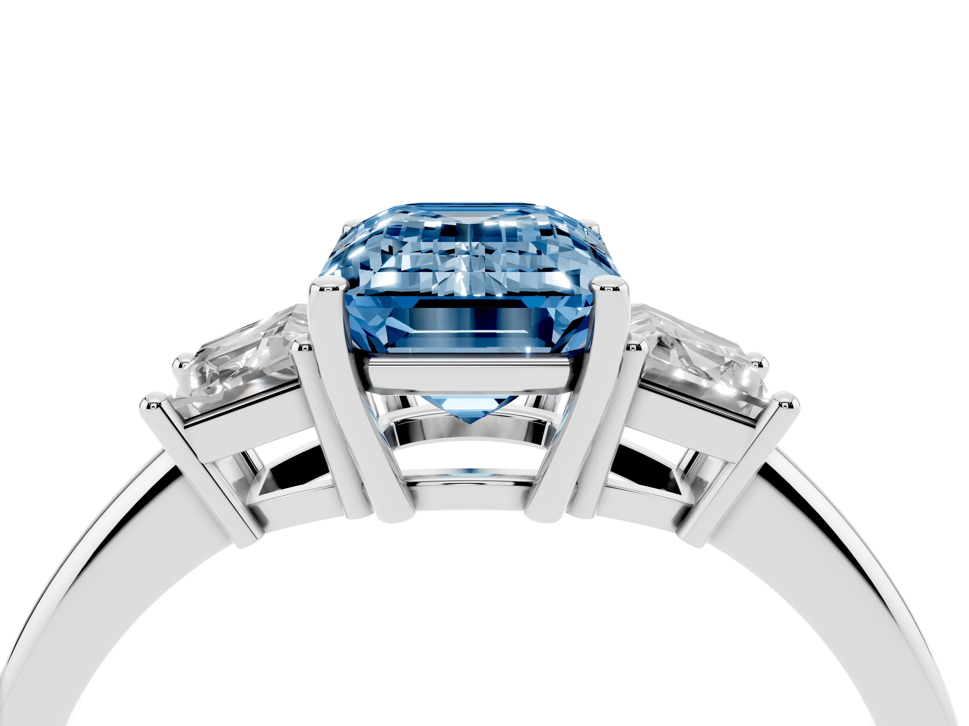 Fancy Blue Emerald Cut Diamond Three-Stone Ring Set in Silver with Trapezoid Side Stones and Prong Setting
