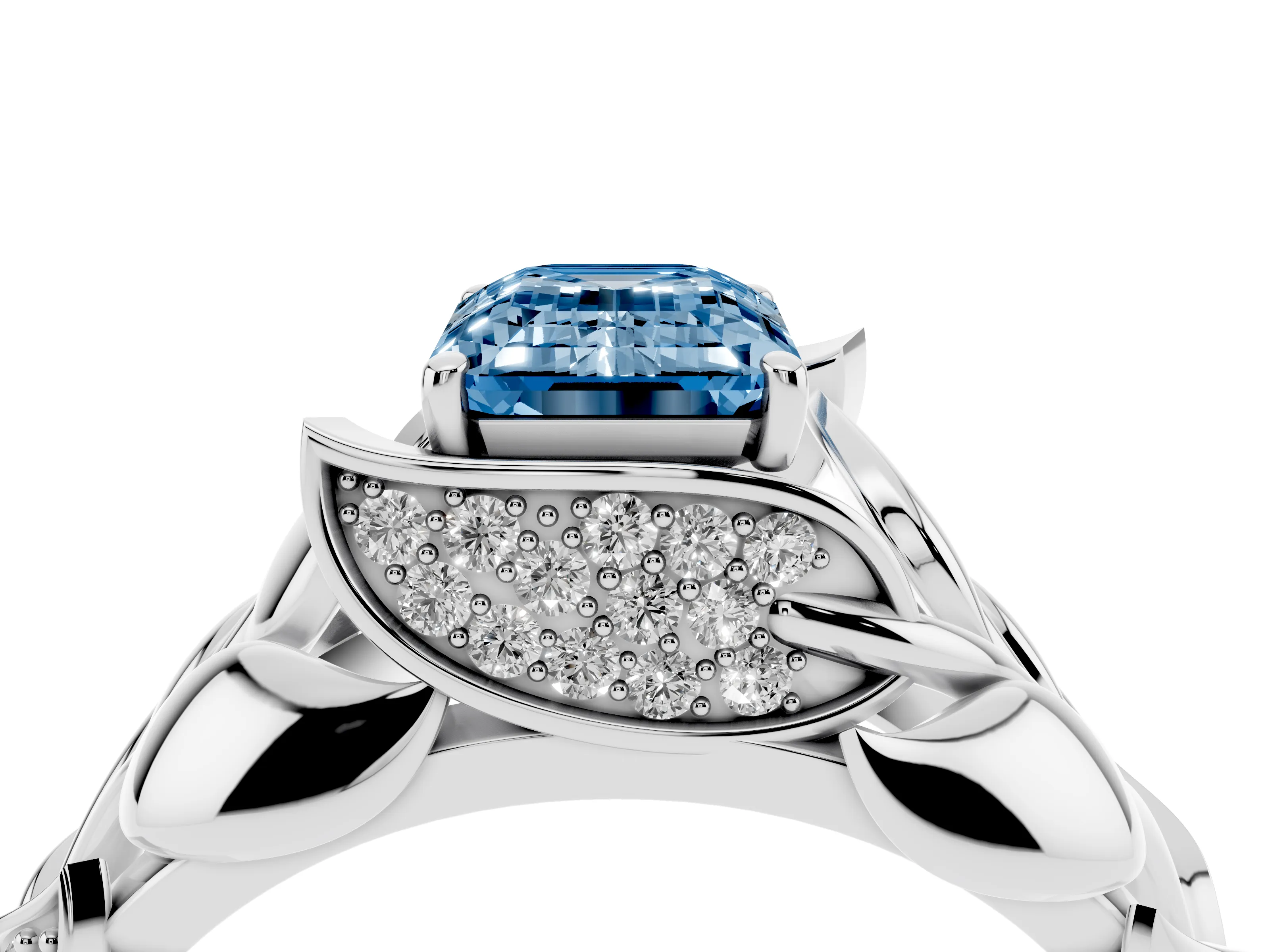 Fancy Blue Emerald Cut Diamond Leaf-Inspired Engagement Ring Set in Silver with Round Accents