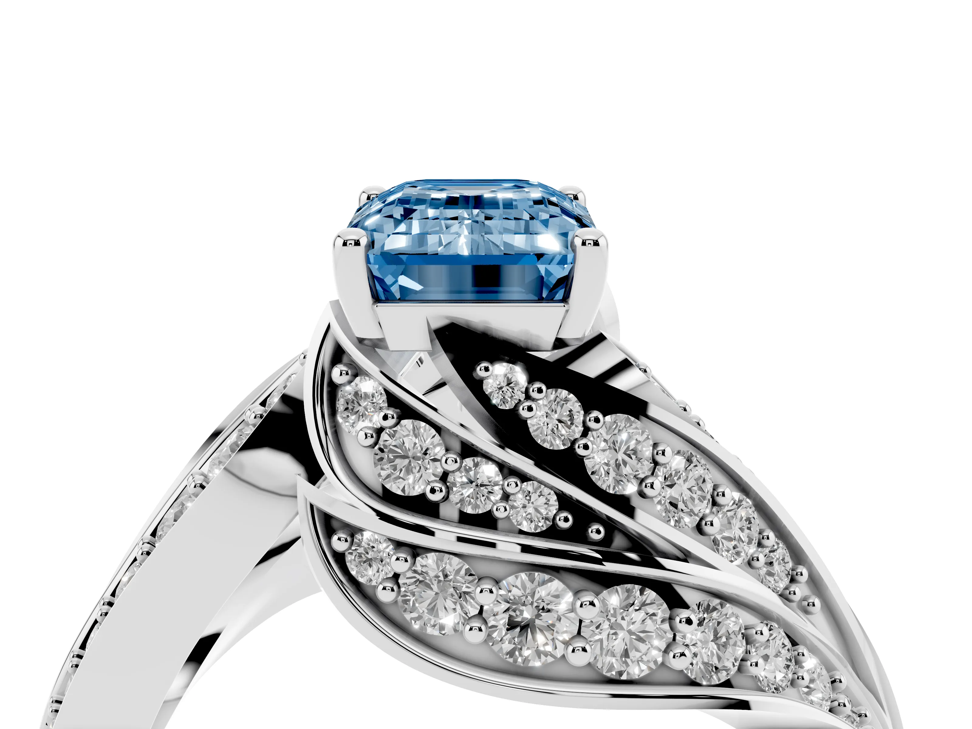 Fancy Blue Emerald Cut Diamond Solitaire Ring Set in Silver with Layered Twist Pavé Band