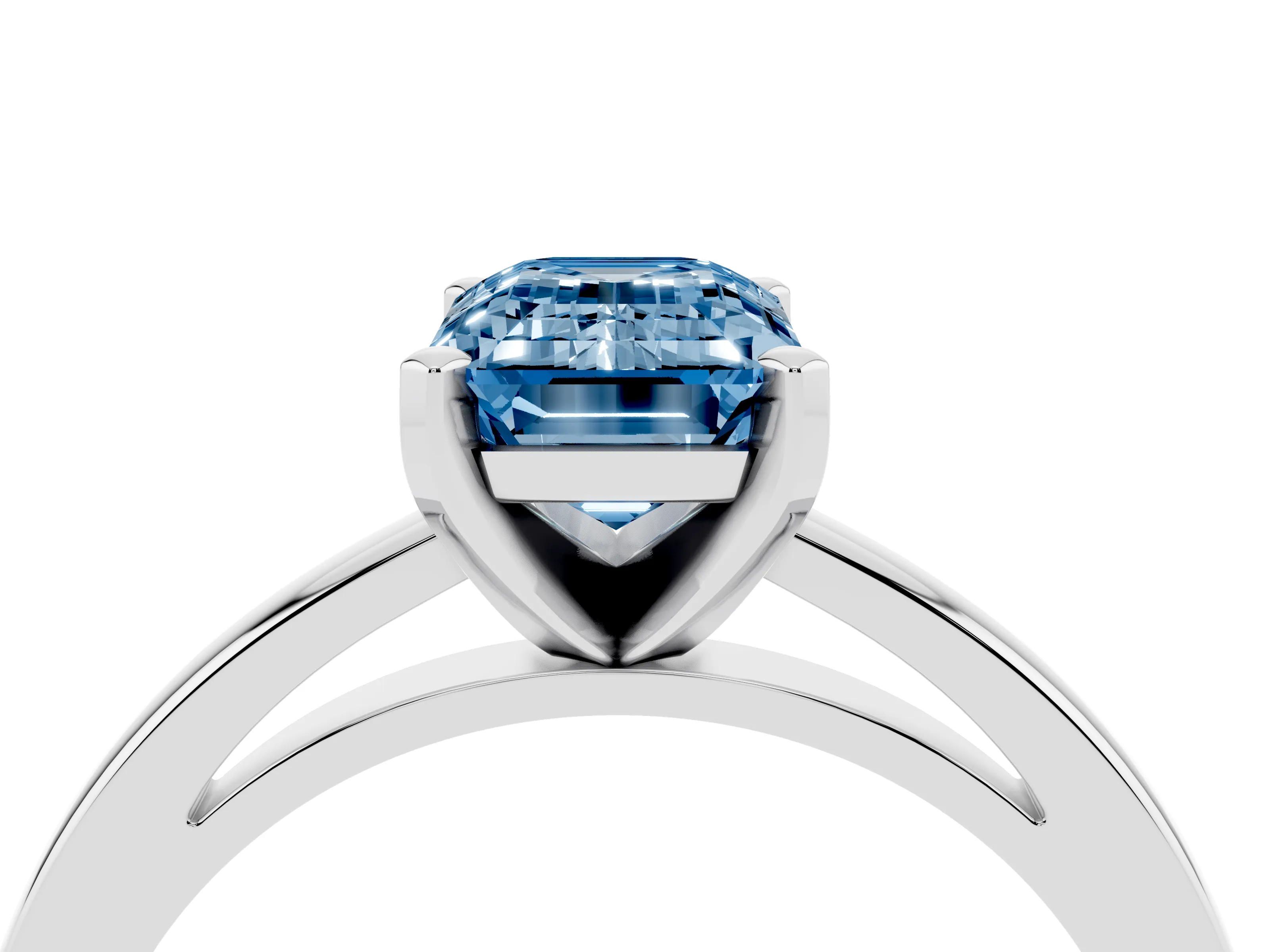 Fancy Blue Emerald Cut Diamond Solitaire Engagement Ring Set in Platinum with Prong Setting on a Classic Band