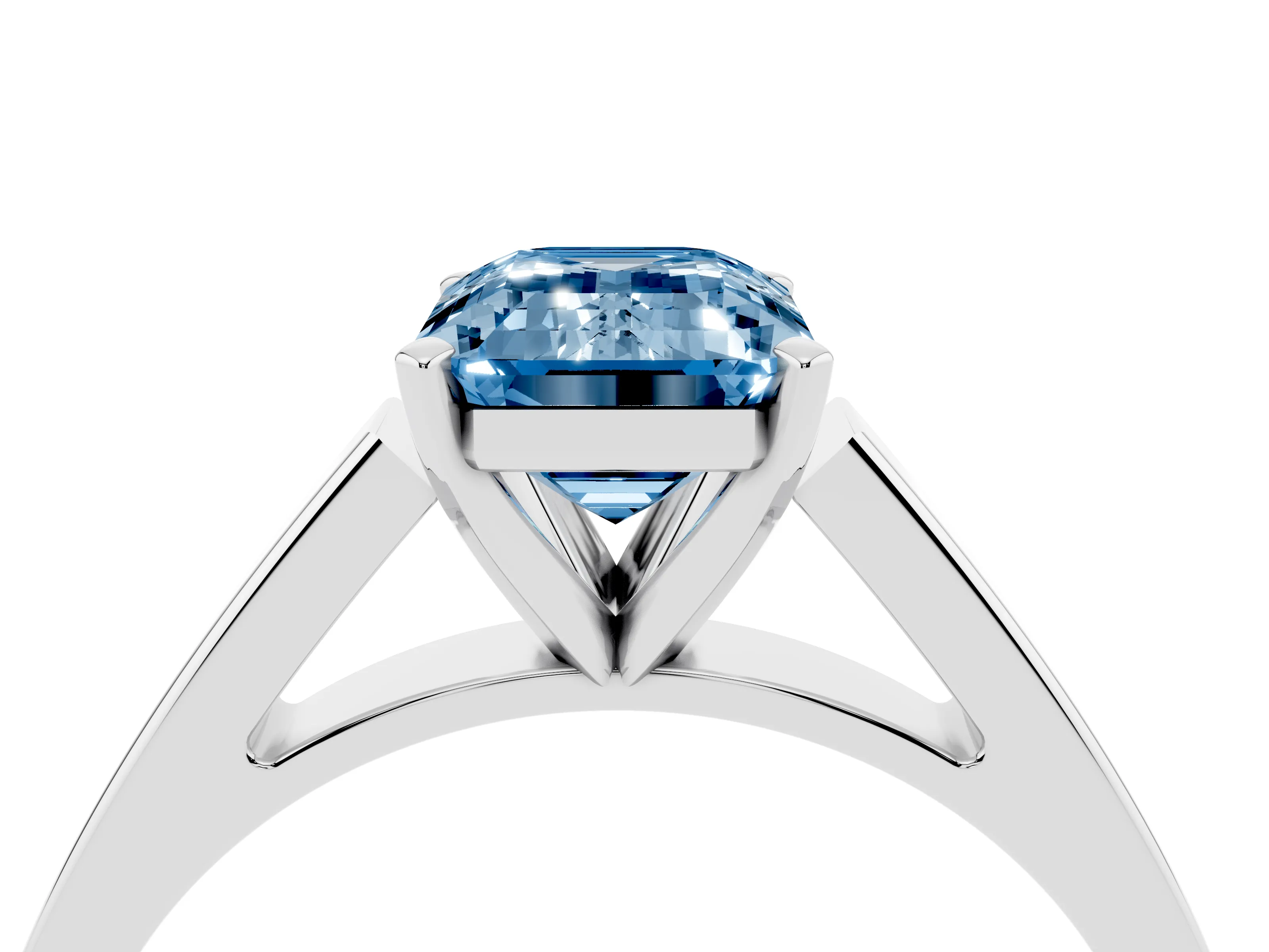 Fancy Blue Emerald Cut Diamond Solitaire Engagement Ring Set in White gold with Prong Setting and Tapered Band