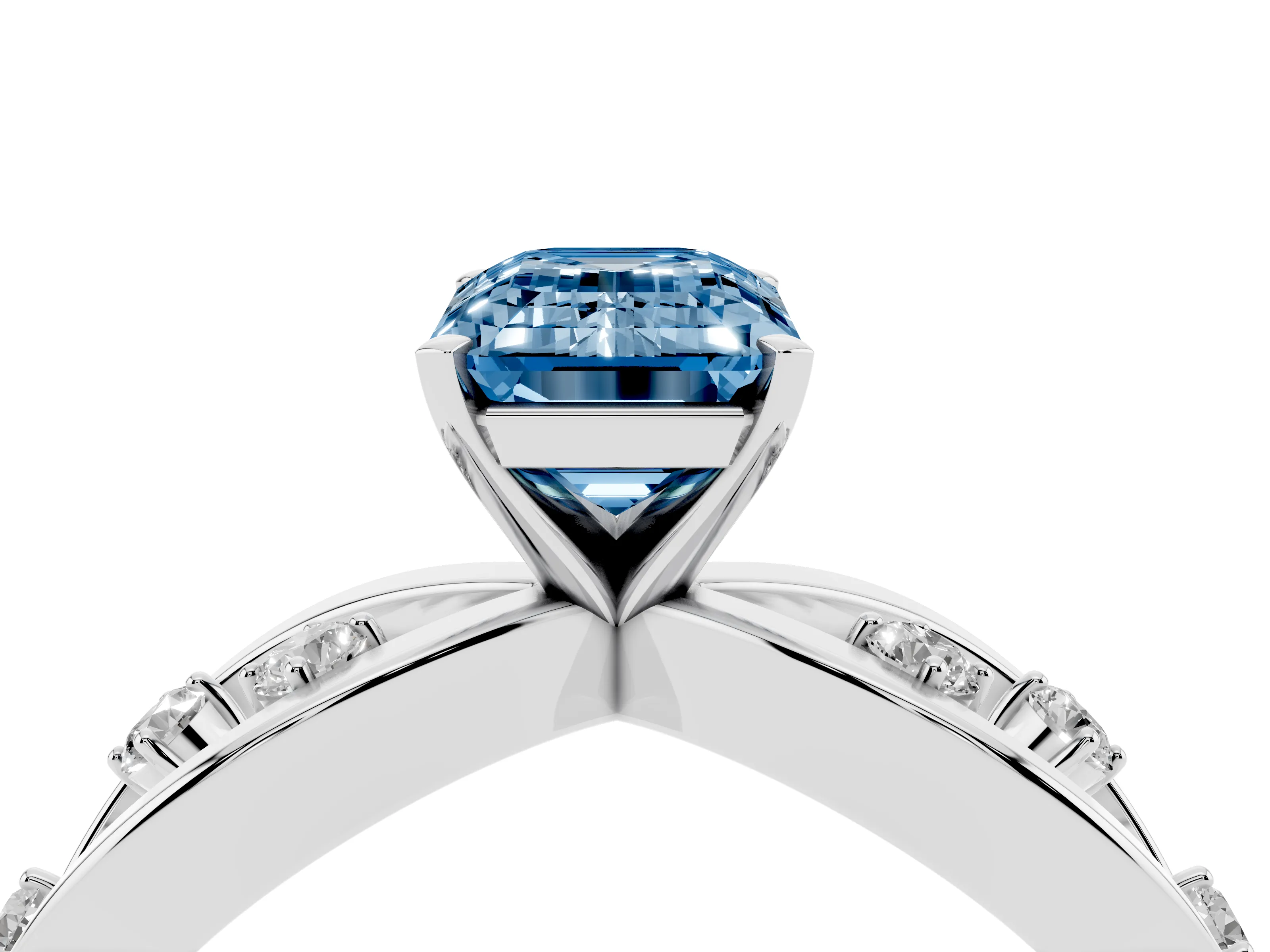 Fancy Blue Emerald Cut Diamond Solitaire Ring Set in Platinum with Side Stones on Criss-Cross Band and Prong Setting
