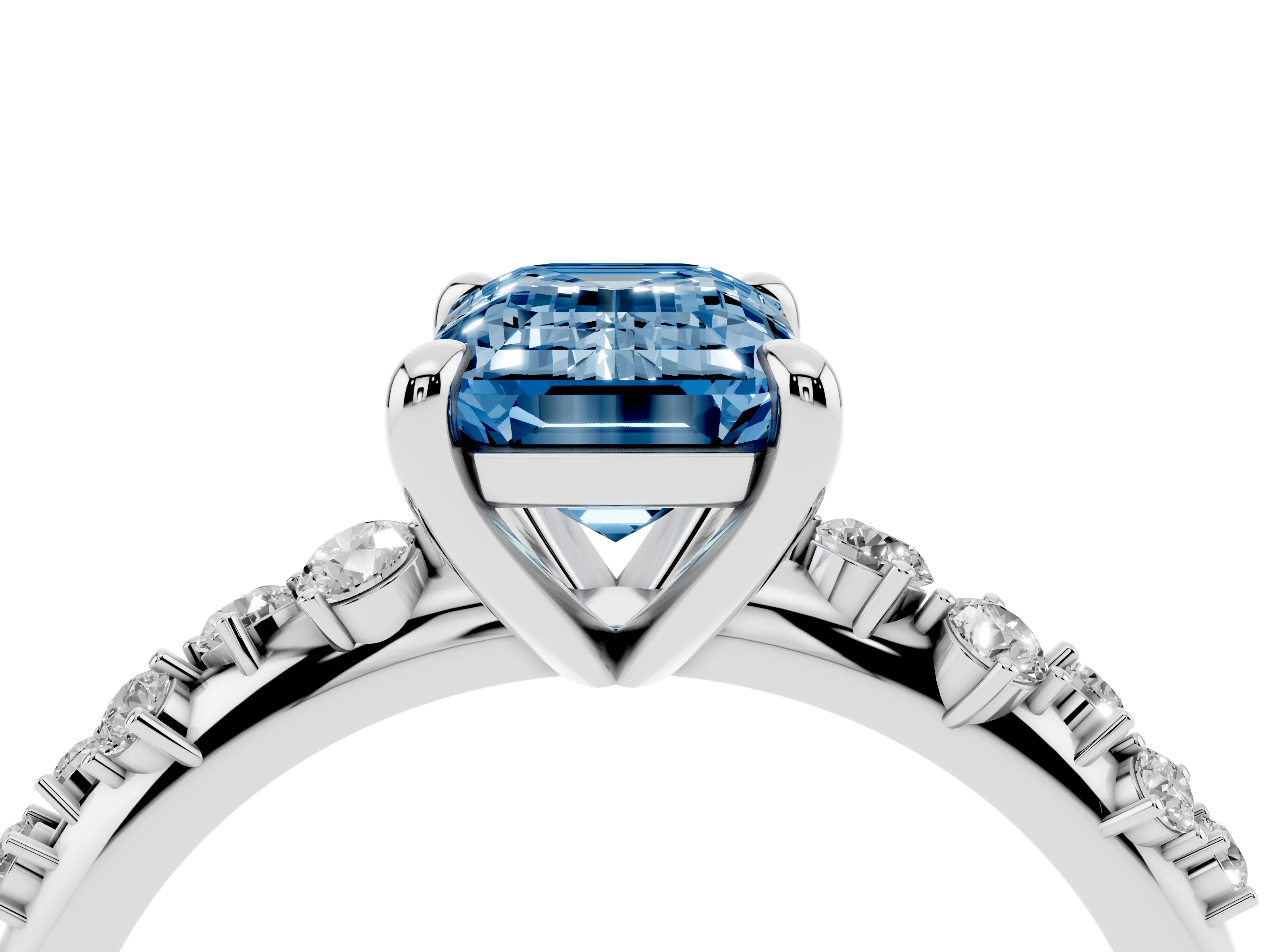 Fancy Blue Emerald Cut Diamond Solitaire Vine Band Ring Set in Platinum with Round Accents and Prong Setting