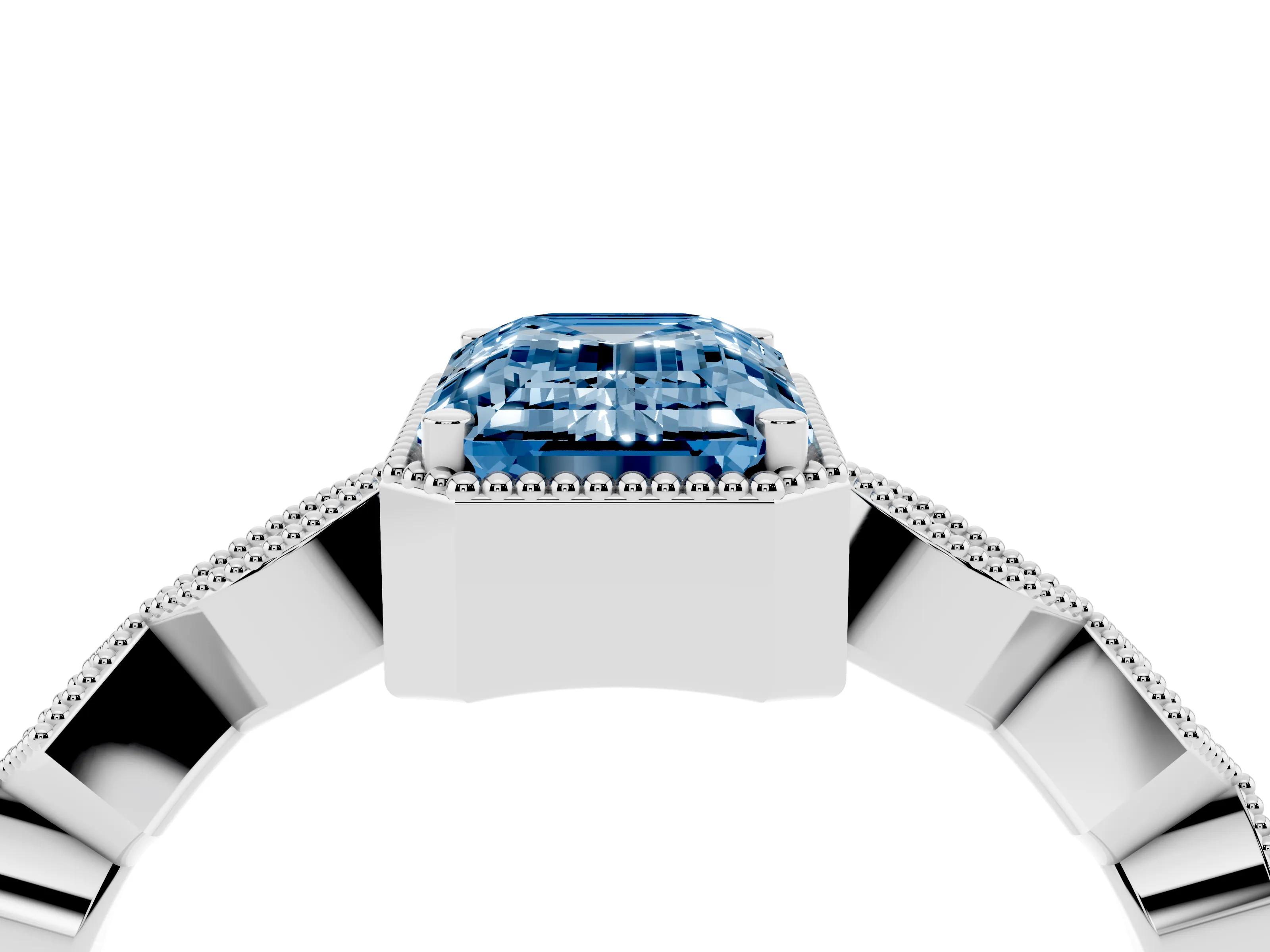 Fancy Blue Emerald Cut Diamond Milgrain Marquise Twist Band Ring Set in White gold with Prong Setting