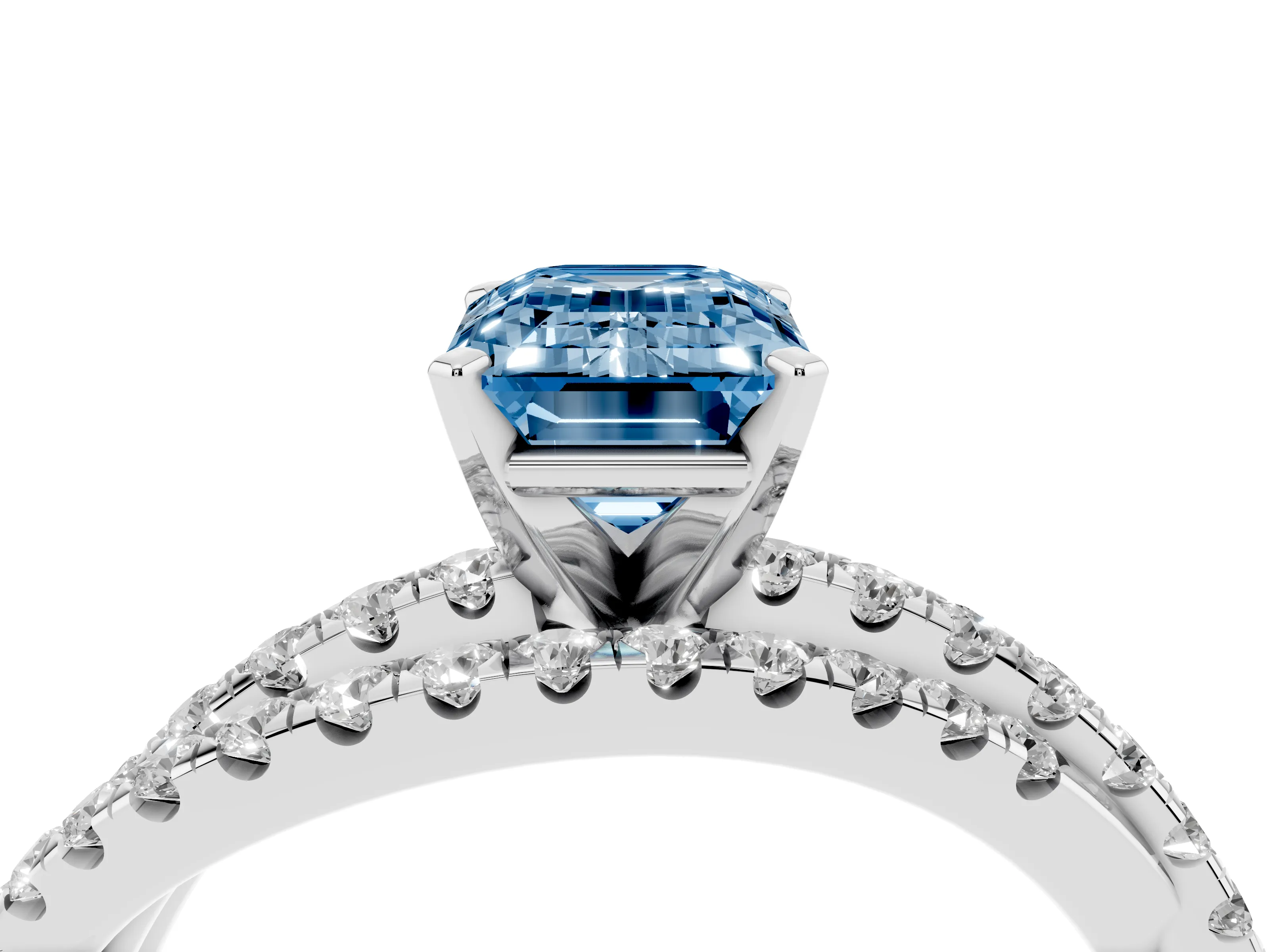 Fancy Blue Emerald Cut Diamond Solitaire Twist Band Ring Set in White gold with Pavé Setting and Prong Head