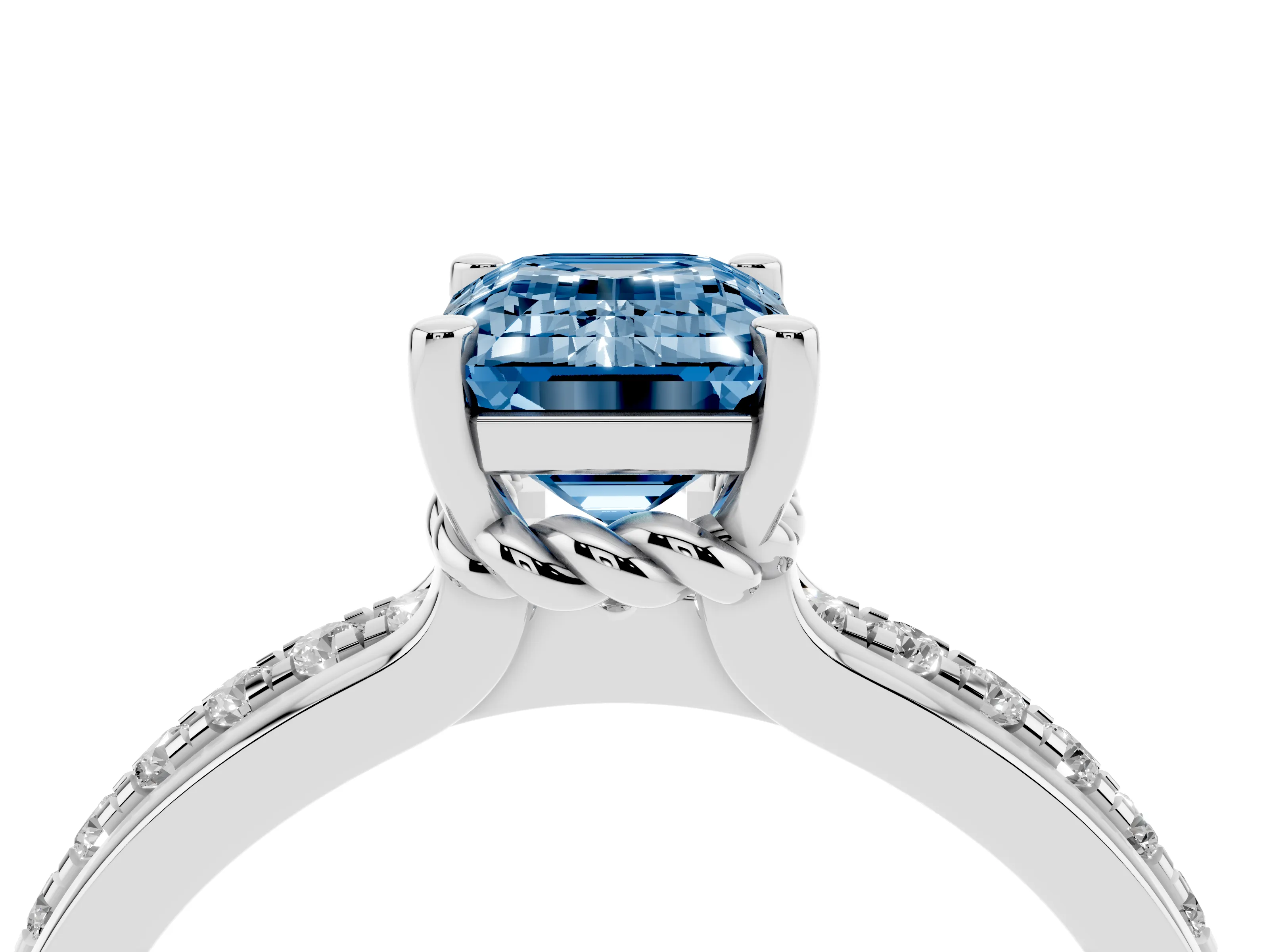Fancy Blue Emerald Cut Diamond Solitaire Ring Set in White gold with Channel Set Band and Prong Setting