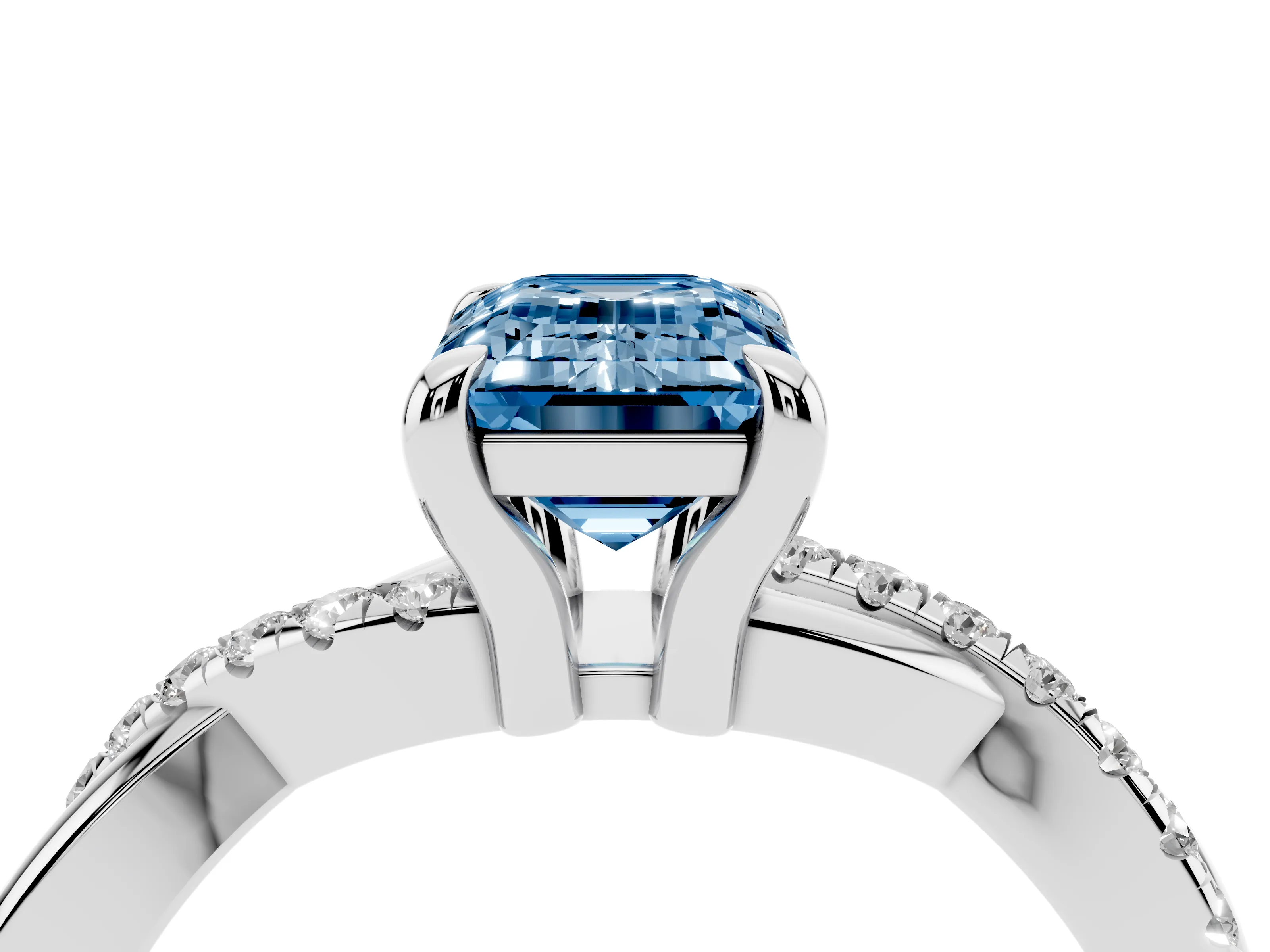 Fancy Blue Emerald Cut Diamond Twist Band Pavé Solitaire Ring Set in Silver with Prong Setting