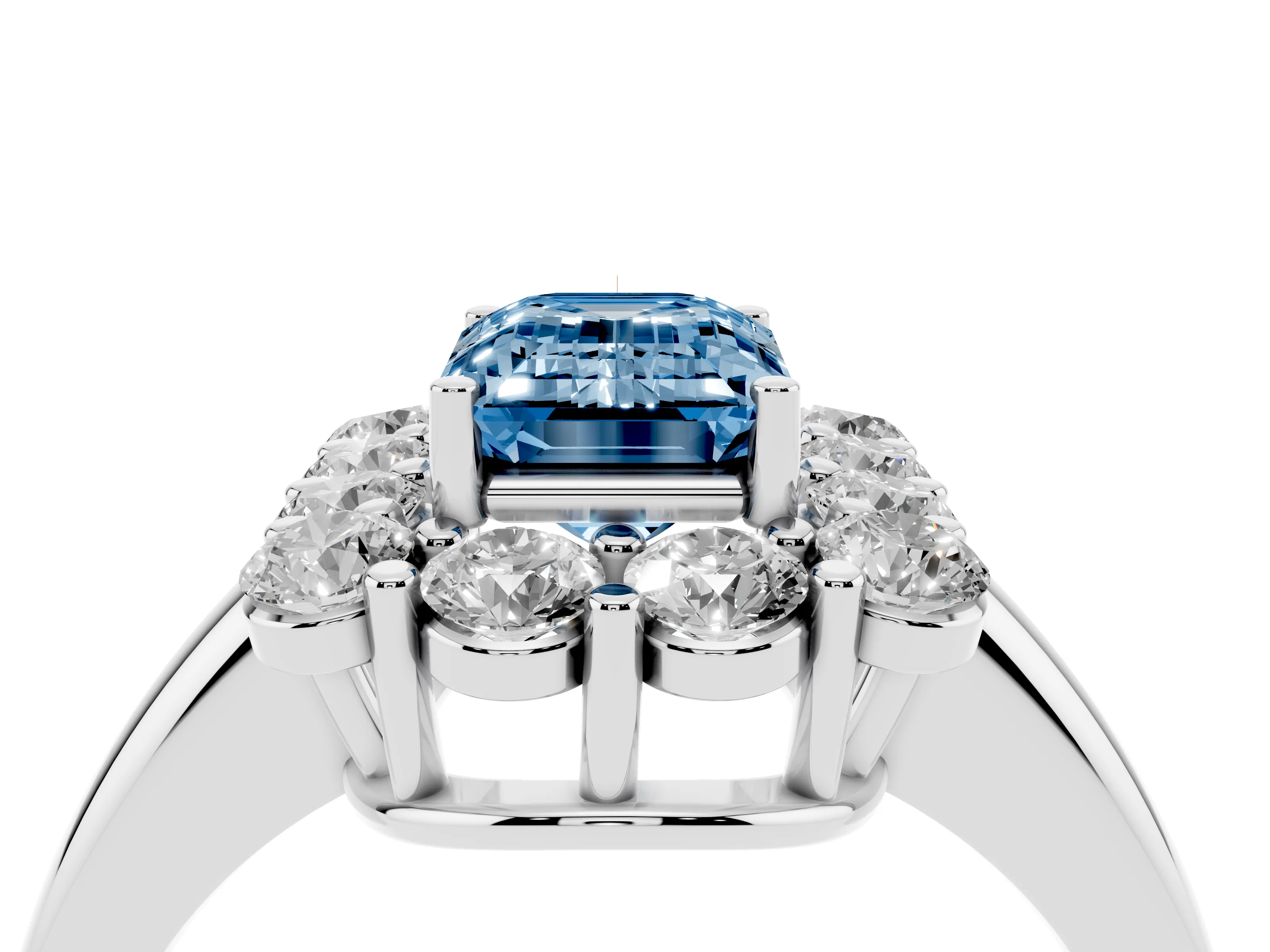 Fancy Blue Emerald Cut Diamond Halo Cluster Engagement Ring Set in White gold with Polished Band and Prong Setting