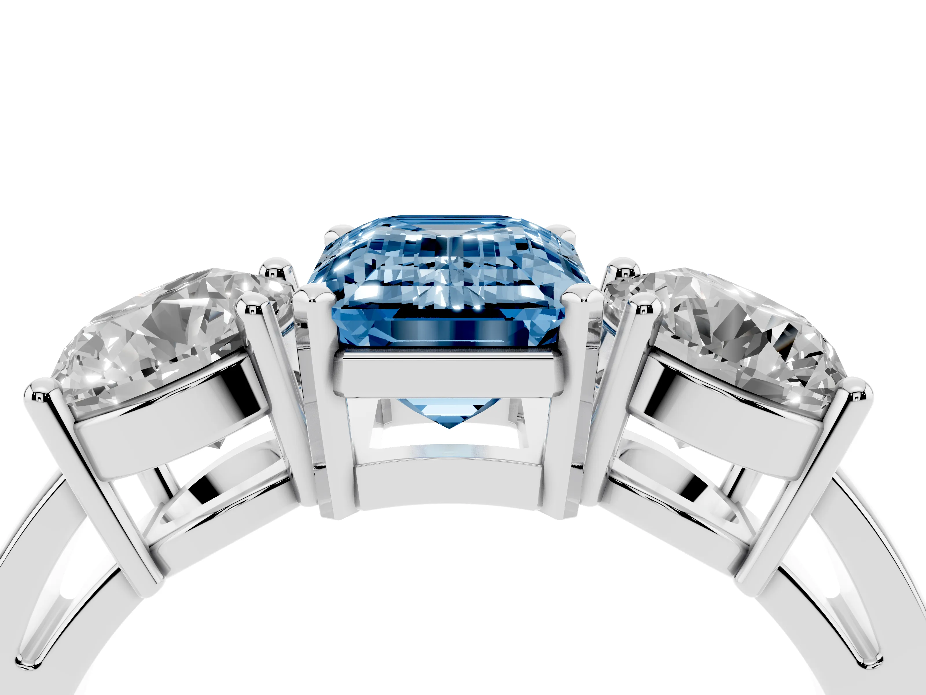 Fancy Blue Emerald Cut Diamond Three-Stone Ring Set in Platinum with Round Side Stones and Classic Band