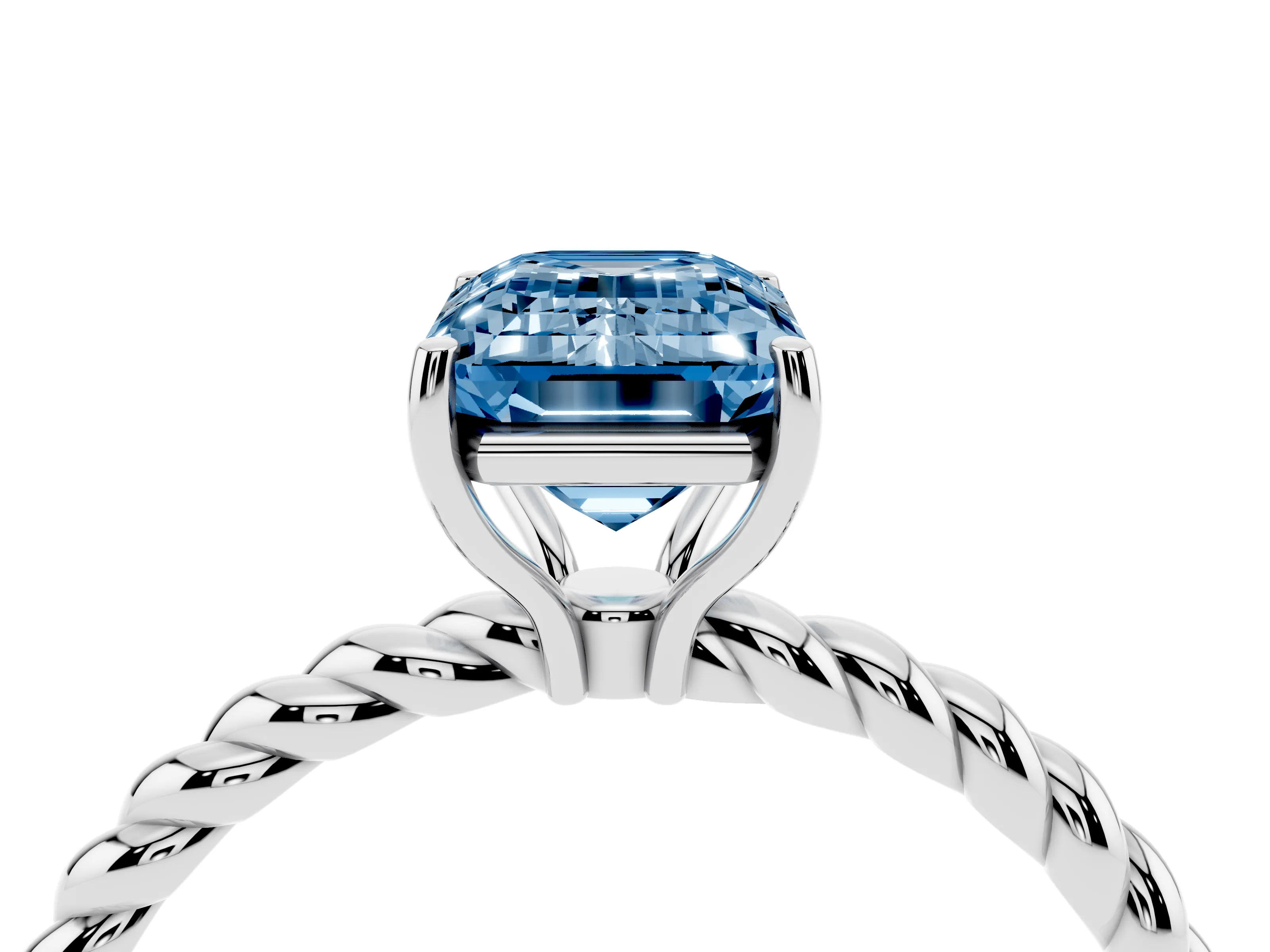 Fancy Blue Emerald Cut Diamond Solitaire Ring Set in Platinum with Twist Band and Prong Setting