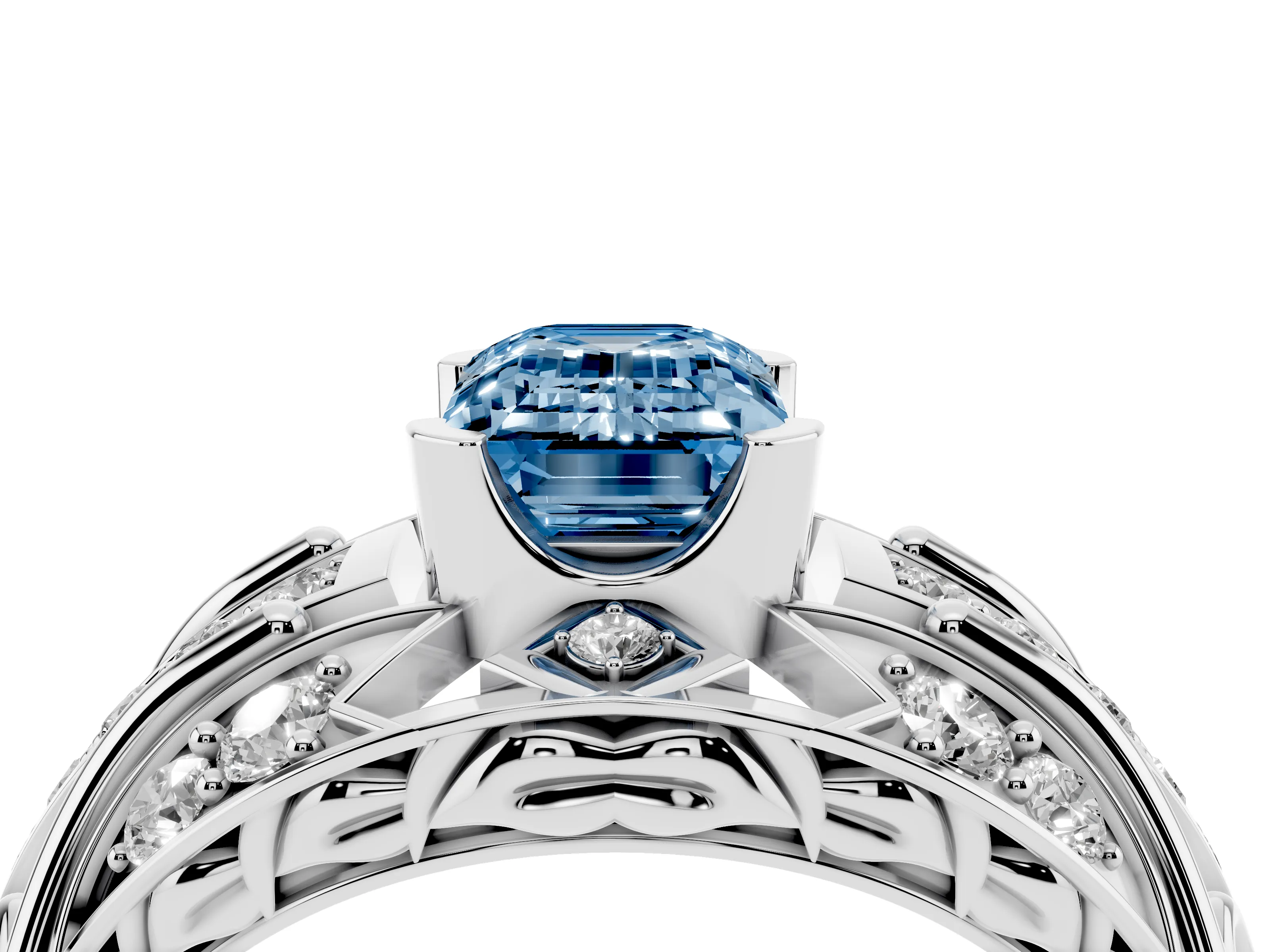 Fancy Blue Emerald Cut Diamond Art Deco Ring Set in Silver with Pavé Split Shank