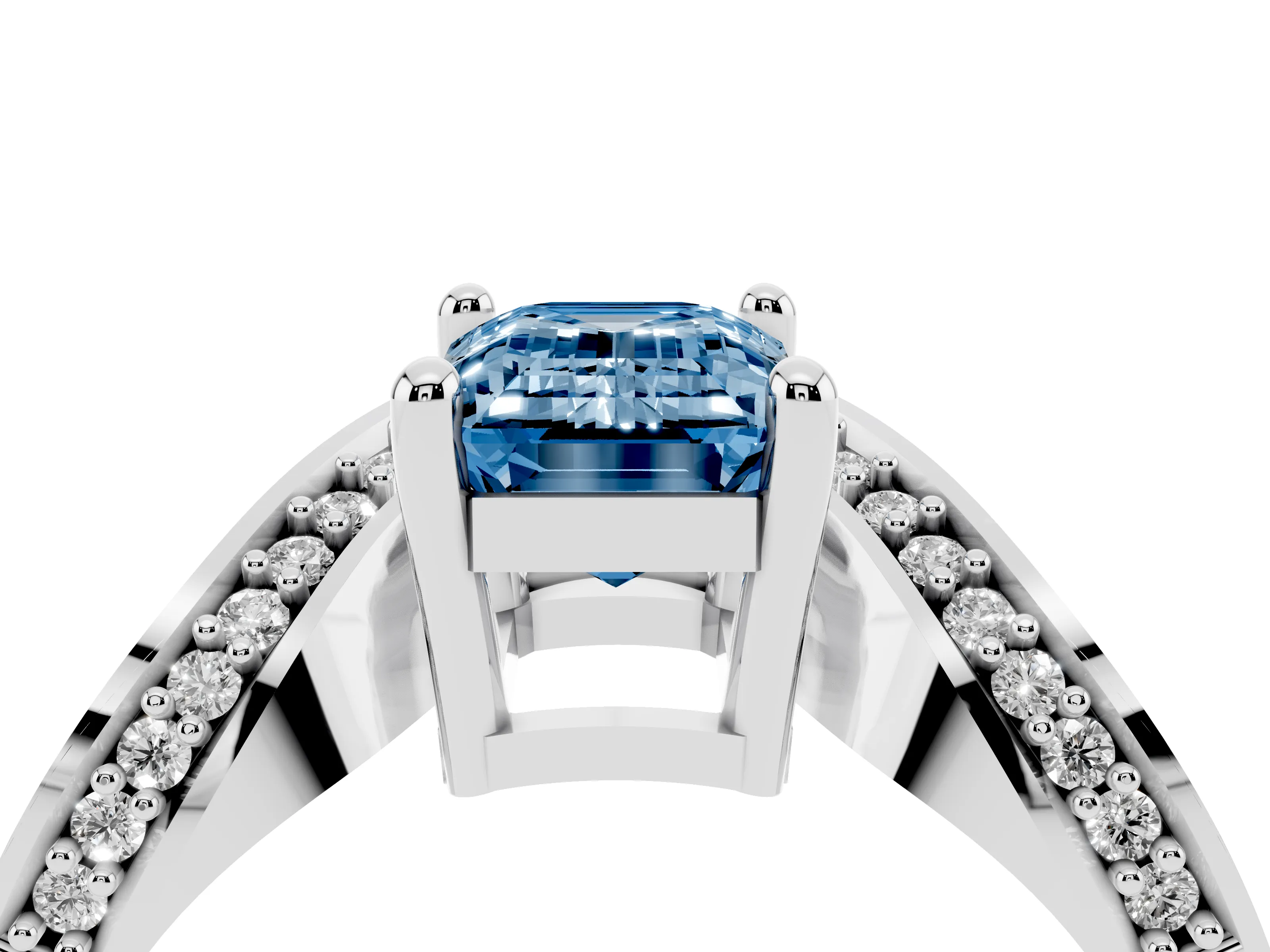 Fancy Blue Emerald Cut Diamond Solitaire Engagement Ring Set in Silver with Pavé Shoulders