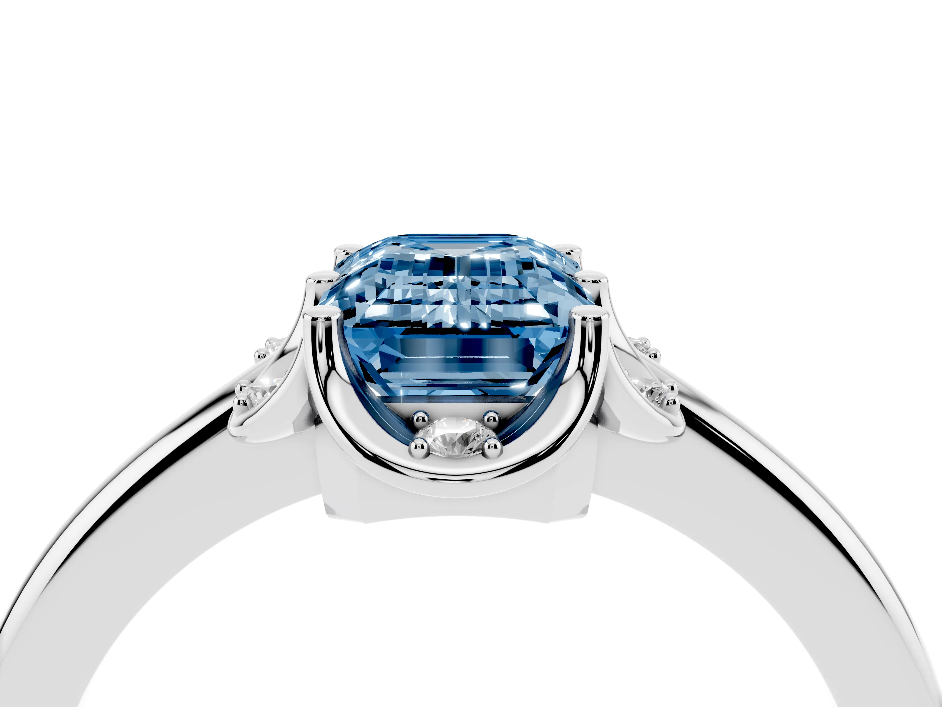 Fancy Blue Emerald Cut Diamond Round Cluster Halo Ring Set in Platinum with Solitaire Band and Prong Setting