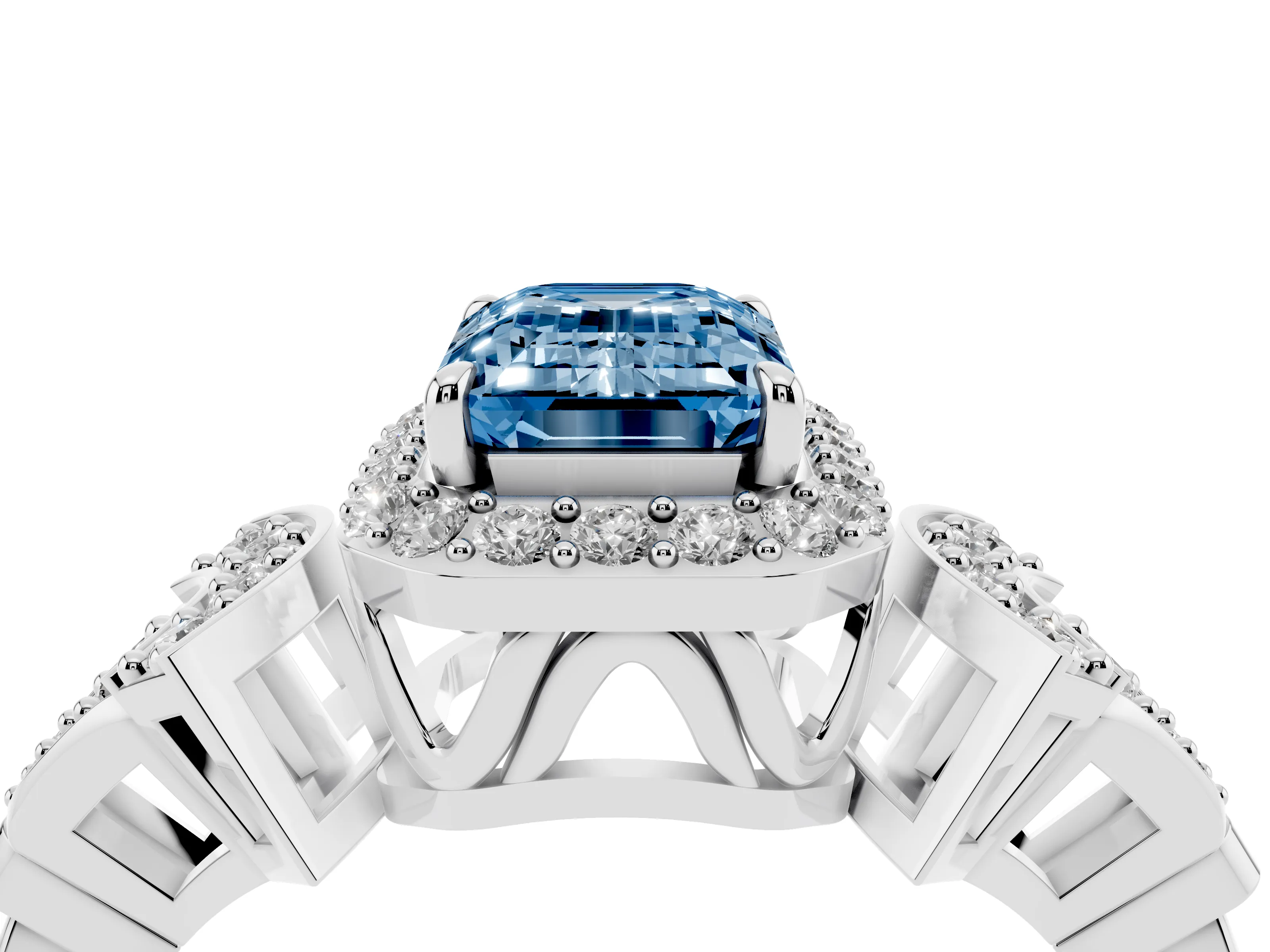 Fancy Blue Emerald Cut Diamond Halo Engagement Ring Set in Silver with Accent Stone Split Shank