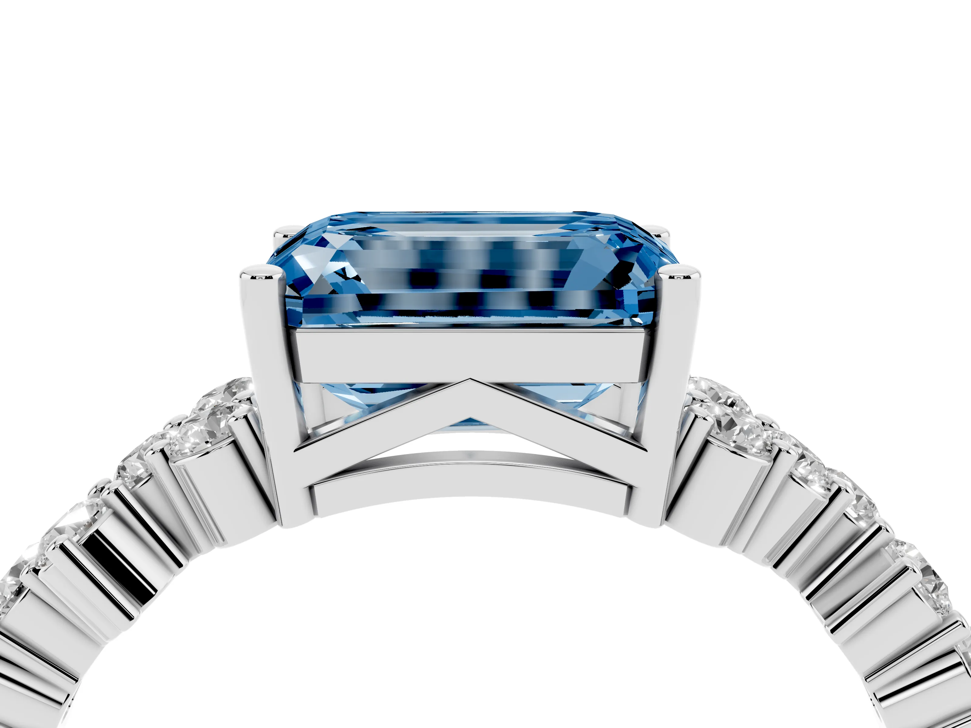 Fancy Blue Emerald Cut Diamond Ring Set in Silver with Scattered Round Accents