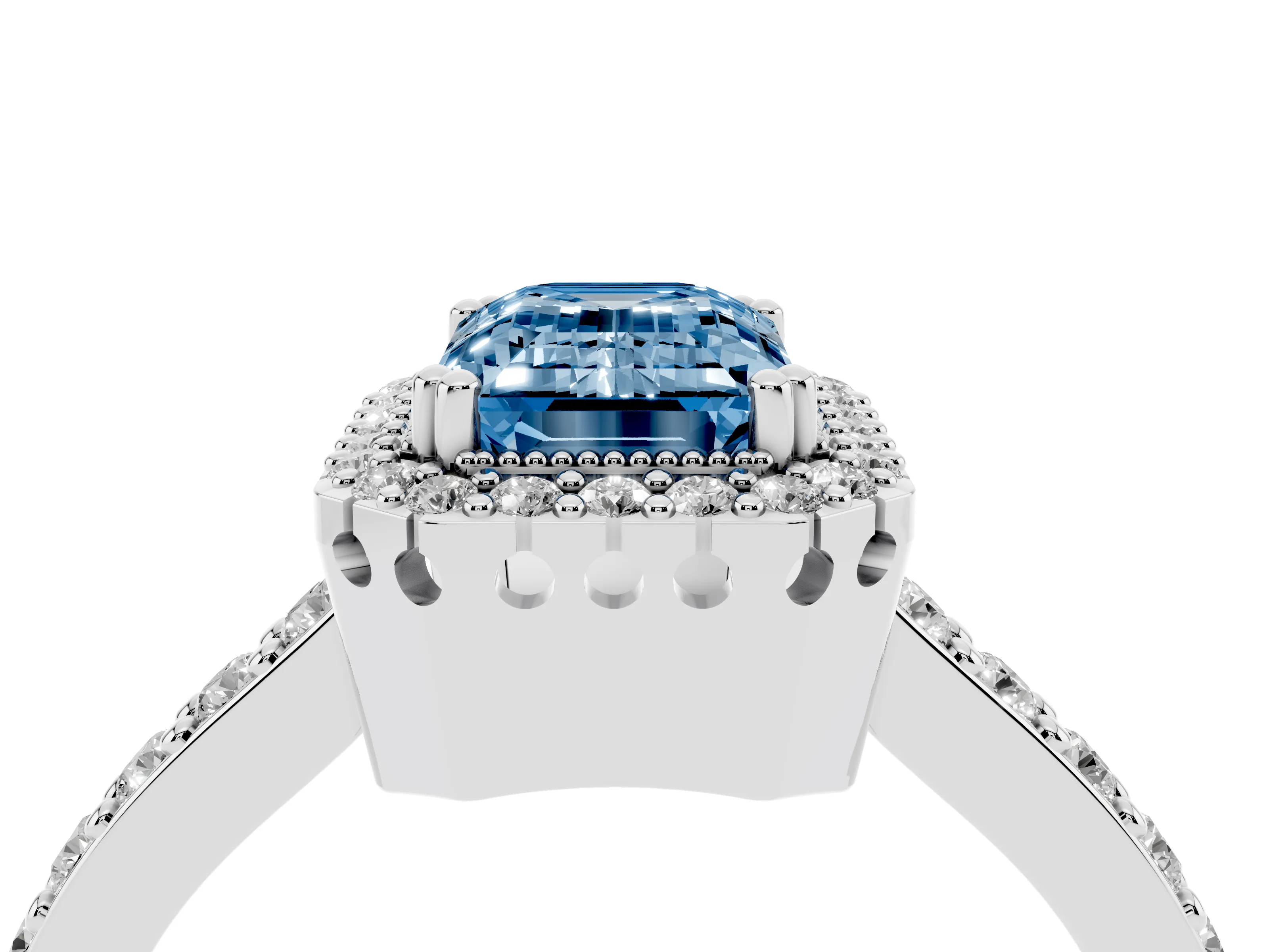 Fancy Blue Emerald Cut Diamond Halo Engagement Ring Set in White gold with Milgrain Detail and Pavé Band