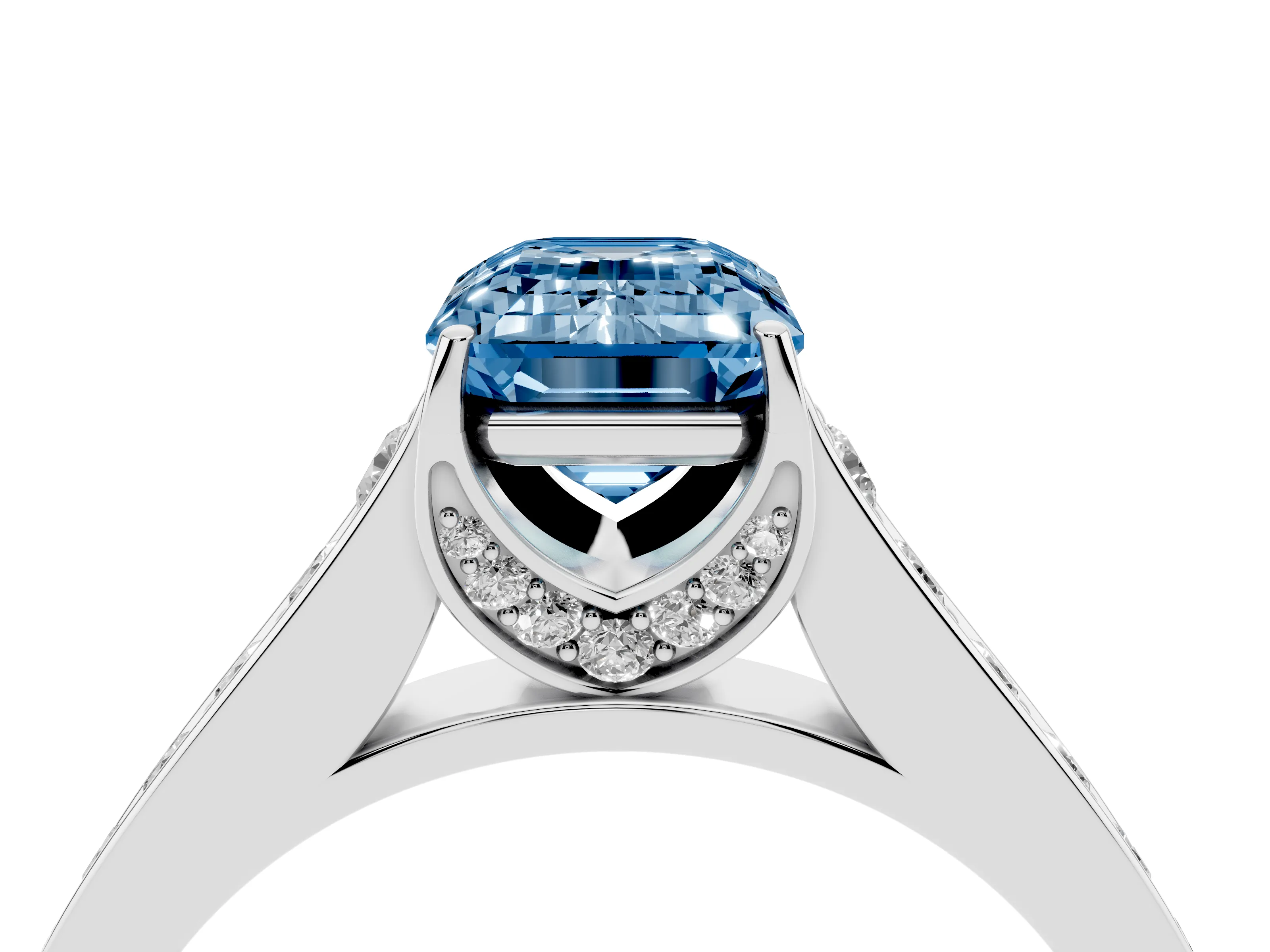 Fancy Blue Emerald Cut Diamond Solitaire Pavé Engagement Ring Set in White gold with Prong Setting