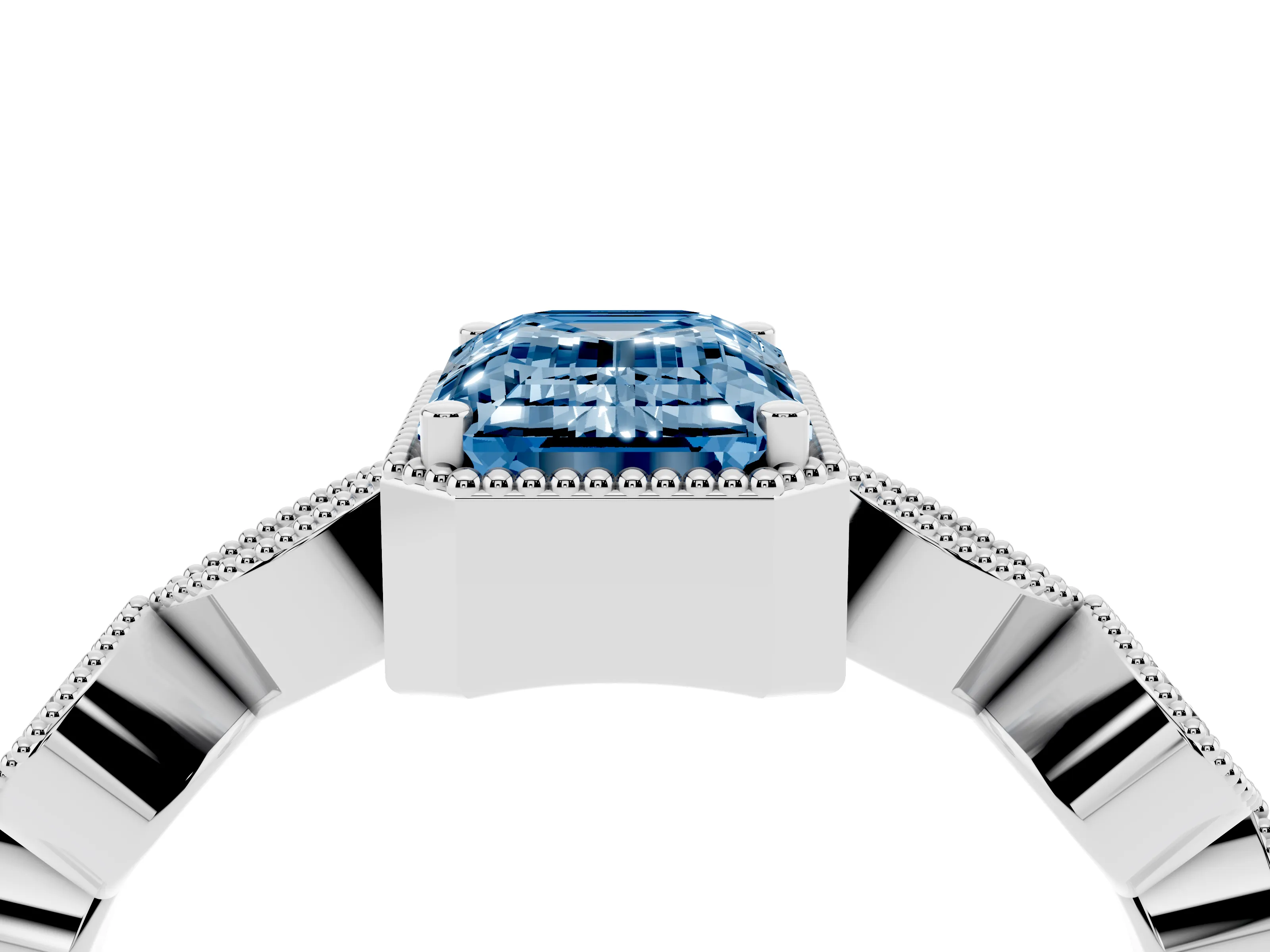 Fancy Blue Emerald Cut Diamond Vintage-Inspired Milgrain Ring Set in Platinum with Marquise Stations of Round Accents