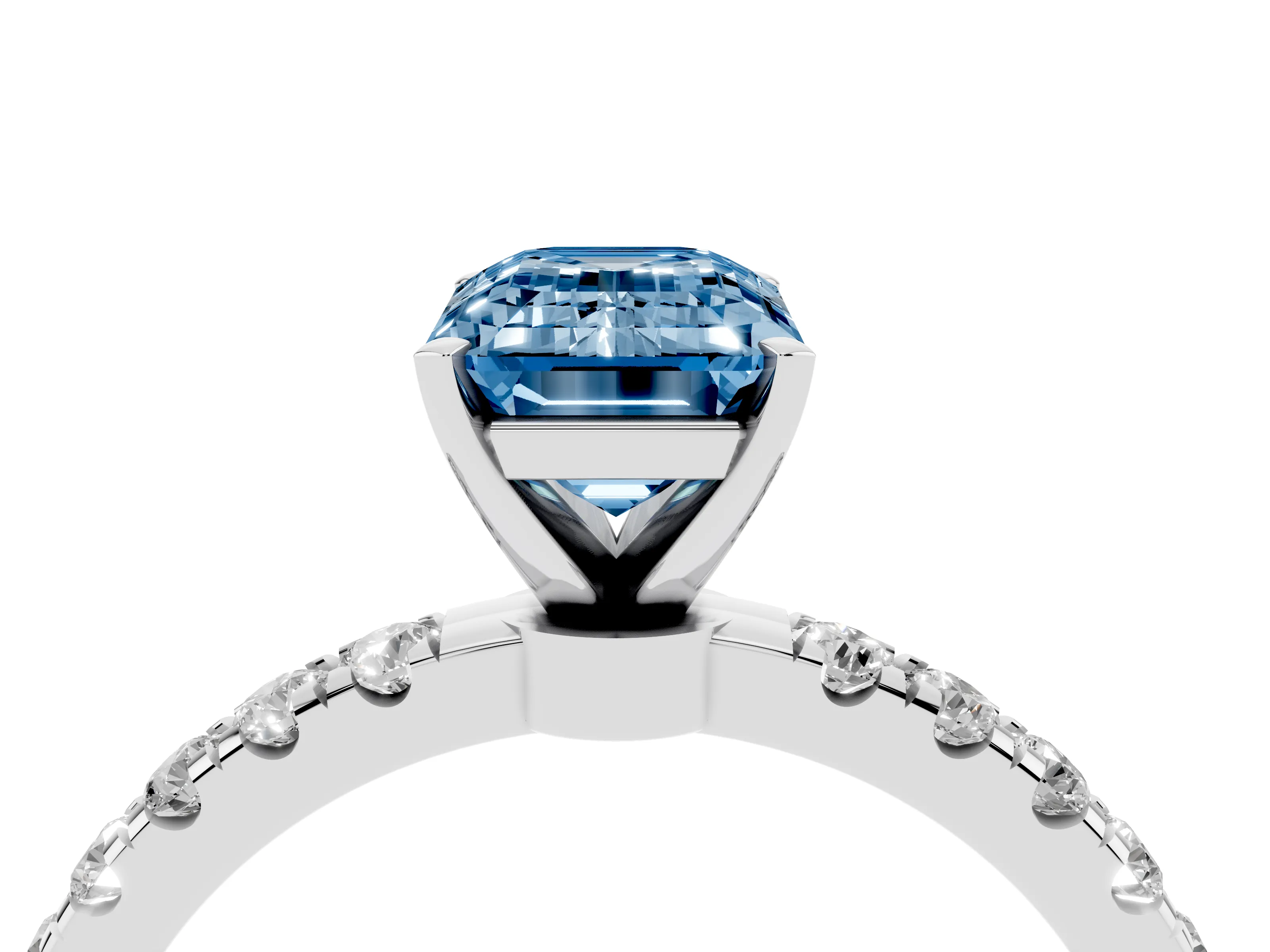 Fancy Blue Emerald Cut Diamond Solitaire Ring Set in Platinum with Pavé Accents and Prong Setting