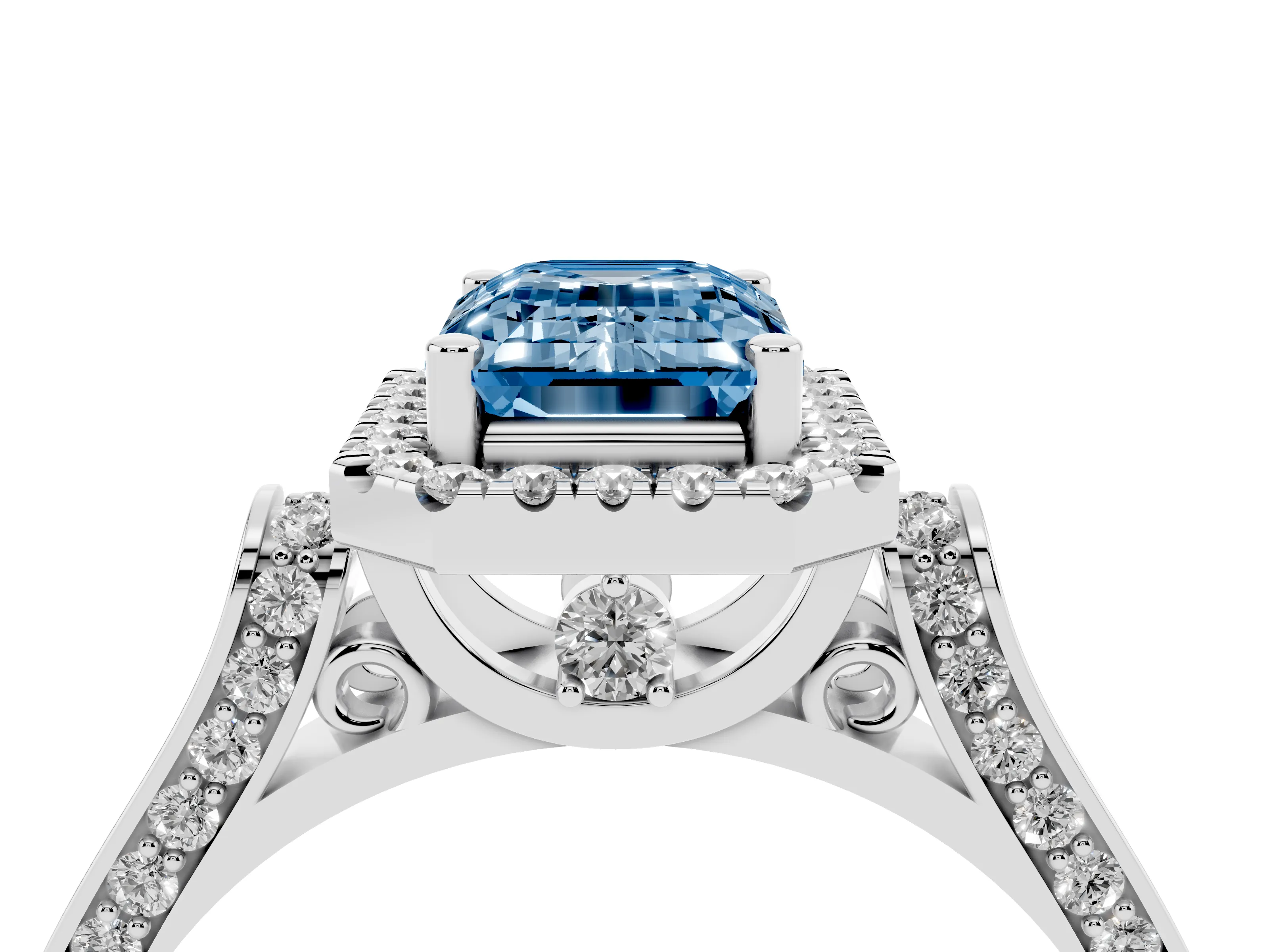 Fancy Blue Emerald Cut Diamond Halo Ring Set in Platinum with Pavé-Lined Split Shank Band