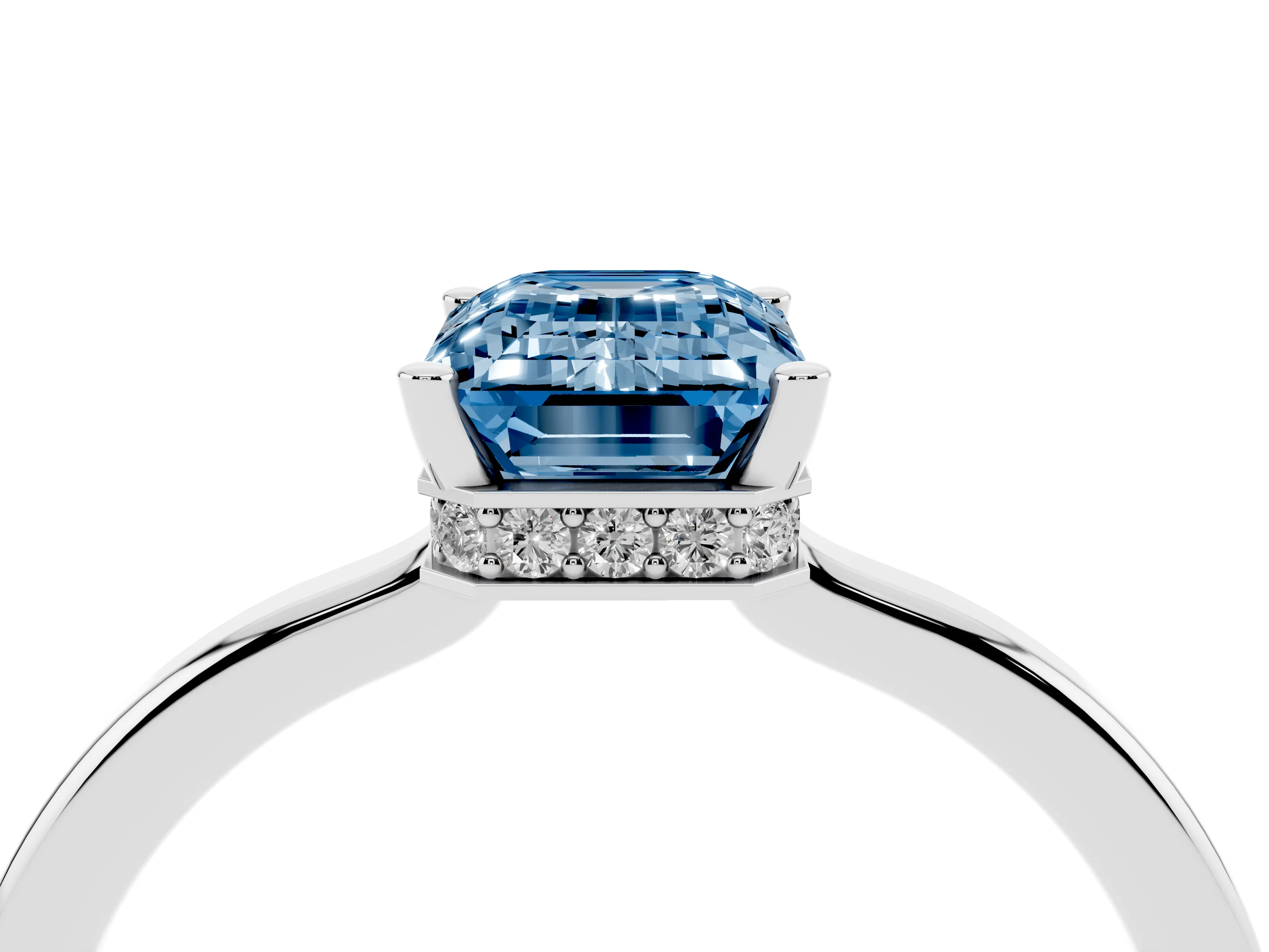 Fancy Blue Emerald Cut Diamond Solitaire Engagement Ring Set in Platinum with Prong Setting on a Plain Band