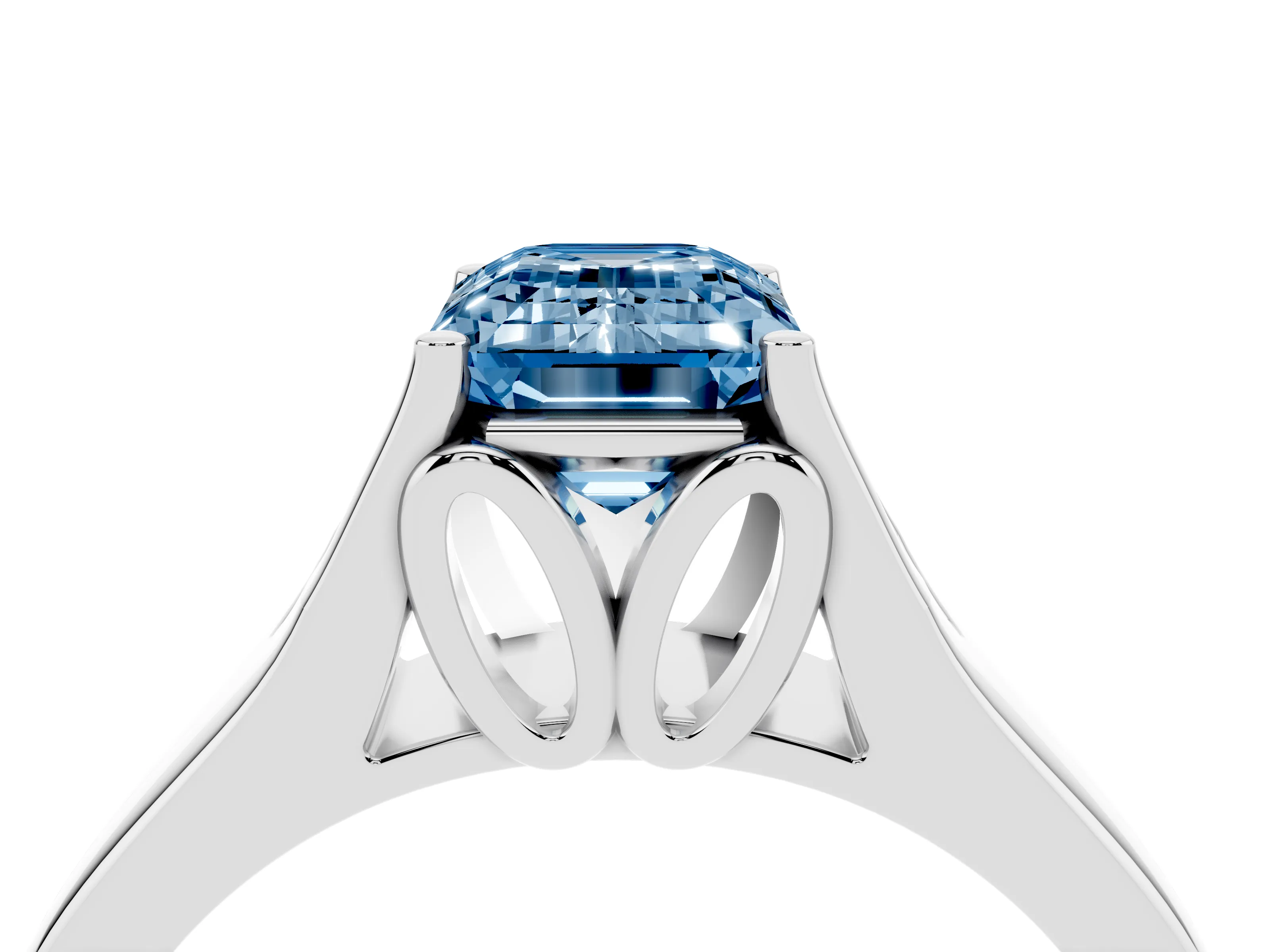 Fancy Blue Emerald Cut Diamond Solitaire Ring Set in Platinum with Arched Cathedral Band and Prong Setting