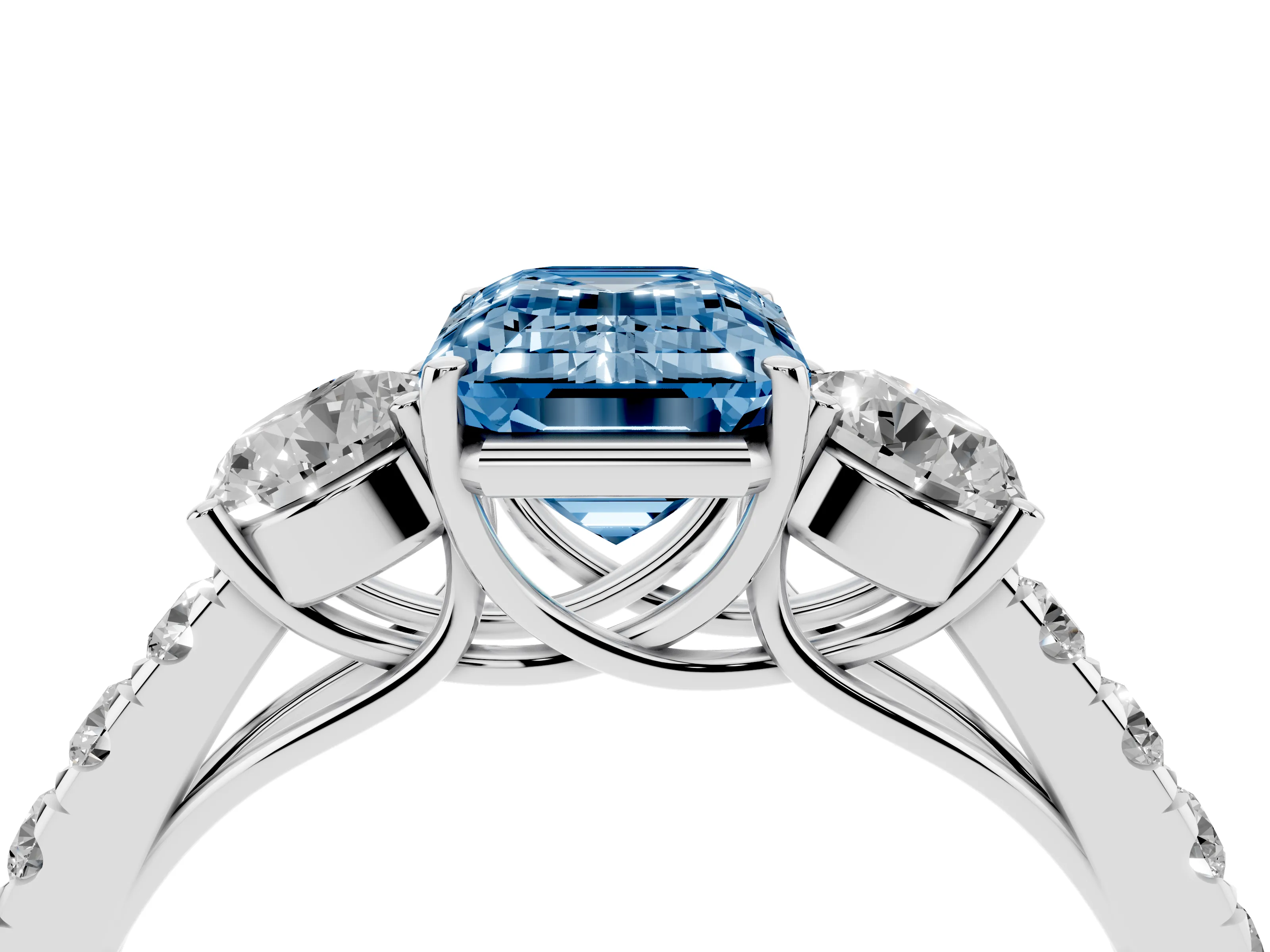 Fancy Blue Emerald Cut Diamond Three-Stone Ring Set in White gold with Round Side Stones and Delicate Pavé Band