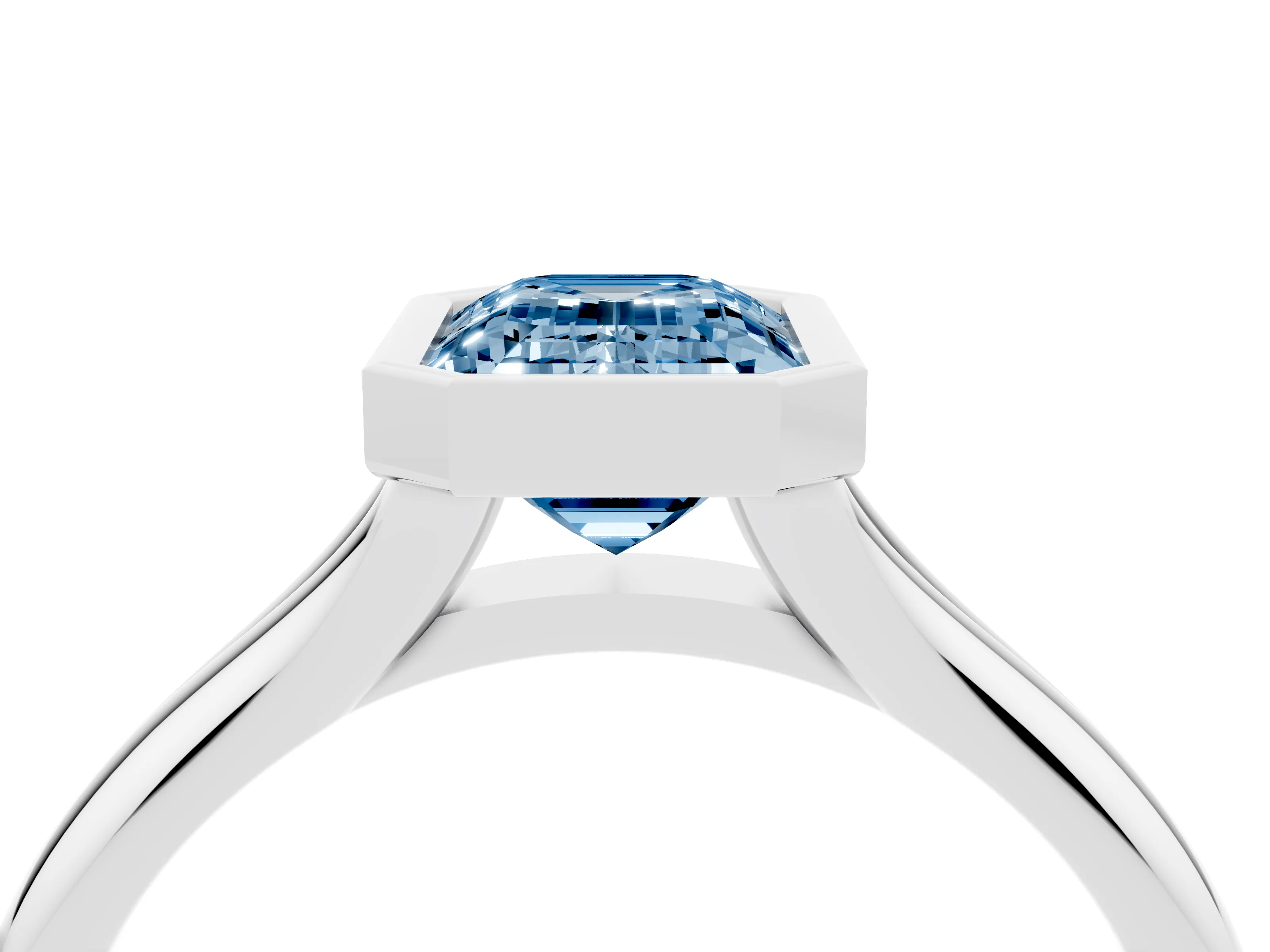 Fancy Blue Bezel Set Emerald Cut Diamond Solitaire Ring Set in White gold with Smooth Band