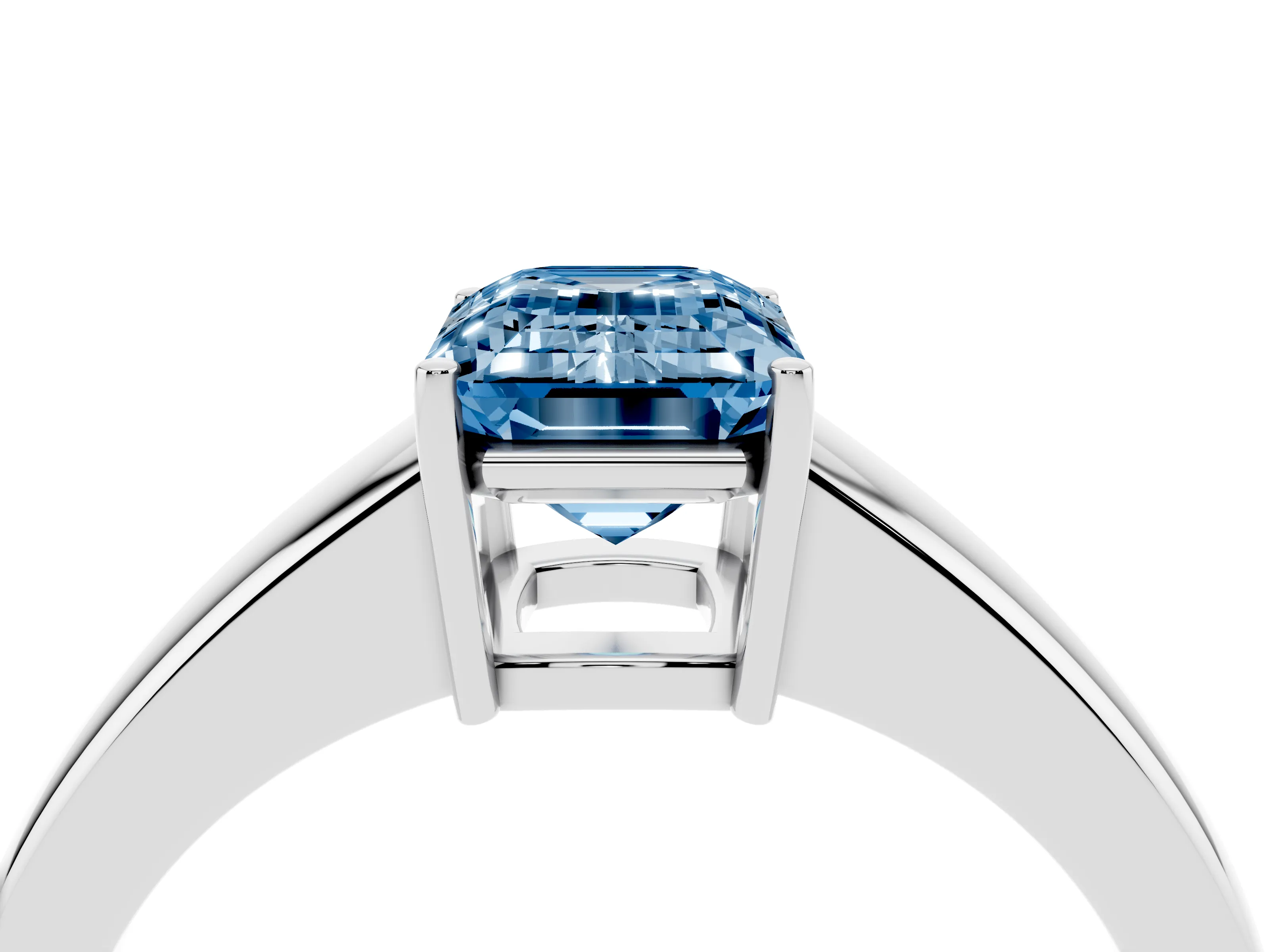 Fancy Blue Emerald Cut Diamond Solitaire Ring Set in White gold with Tapered Band and Prong Setting