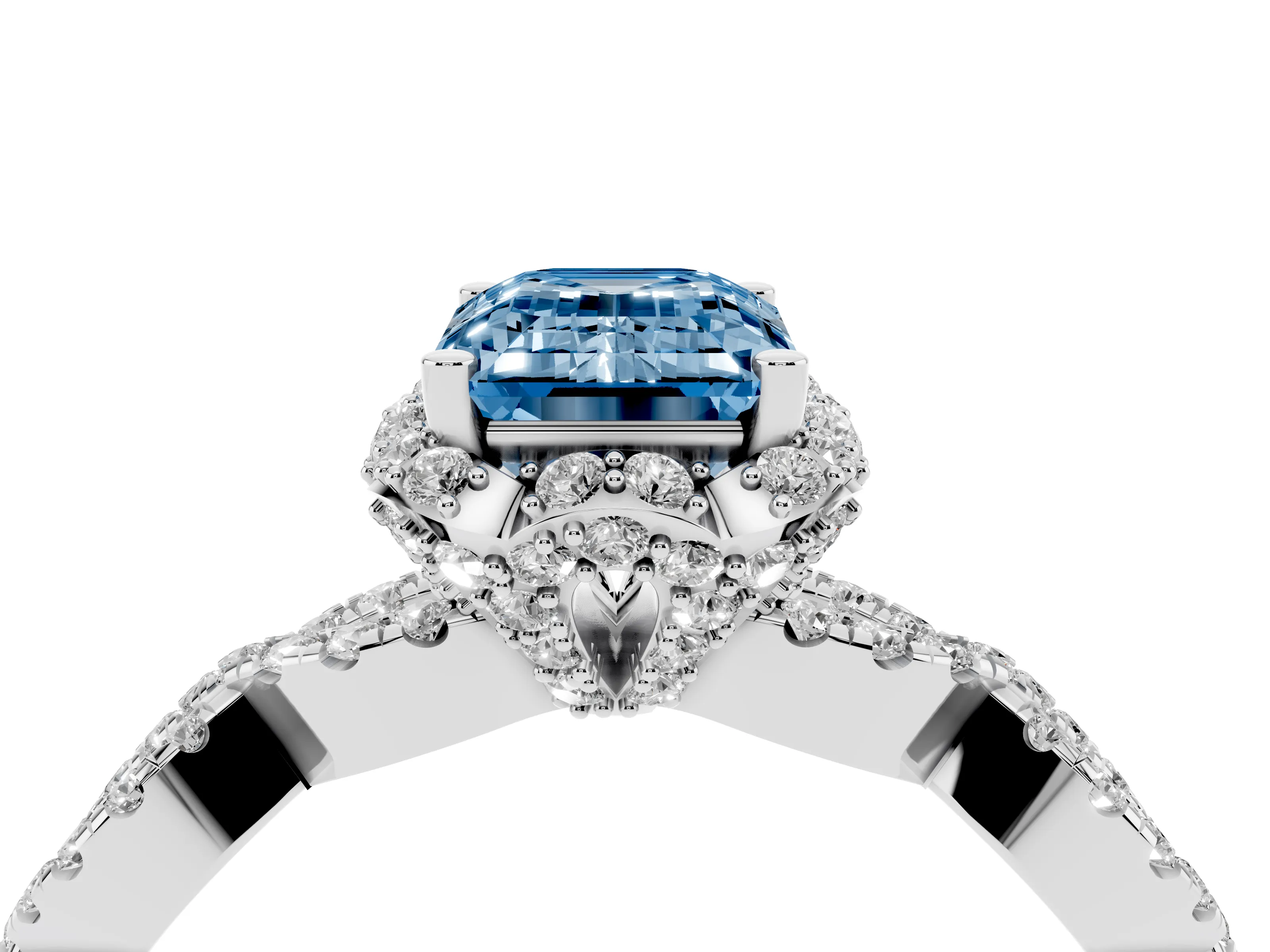 Fancy Blue Emerald Cut Diamond Halo Twist Band Solitaire Ring Set in Platinum with Prong-Set Center Stone