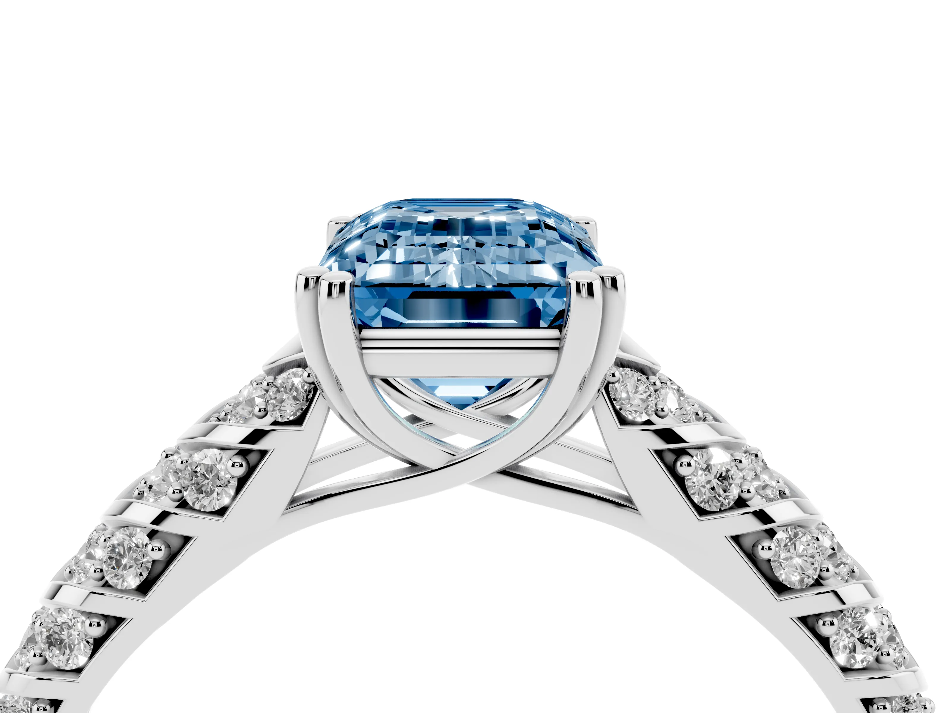 Fancy Blue Emerald Cut Diamond Solitaire Chevron Pavé Engagement Ring Set in Platinum with Prong Setting