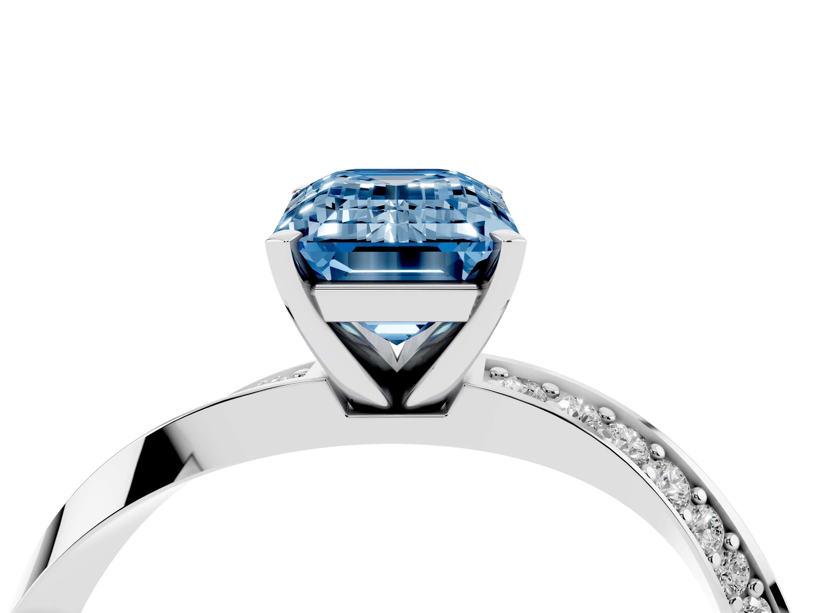 Fancy Blue Emerald Cut Diamond Engagement Ring Set in Silver with Side Stone Accents and Prong Setting