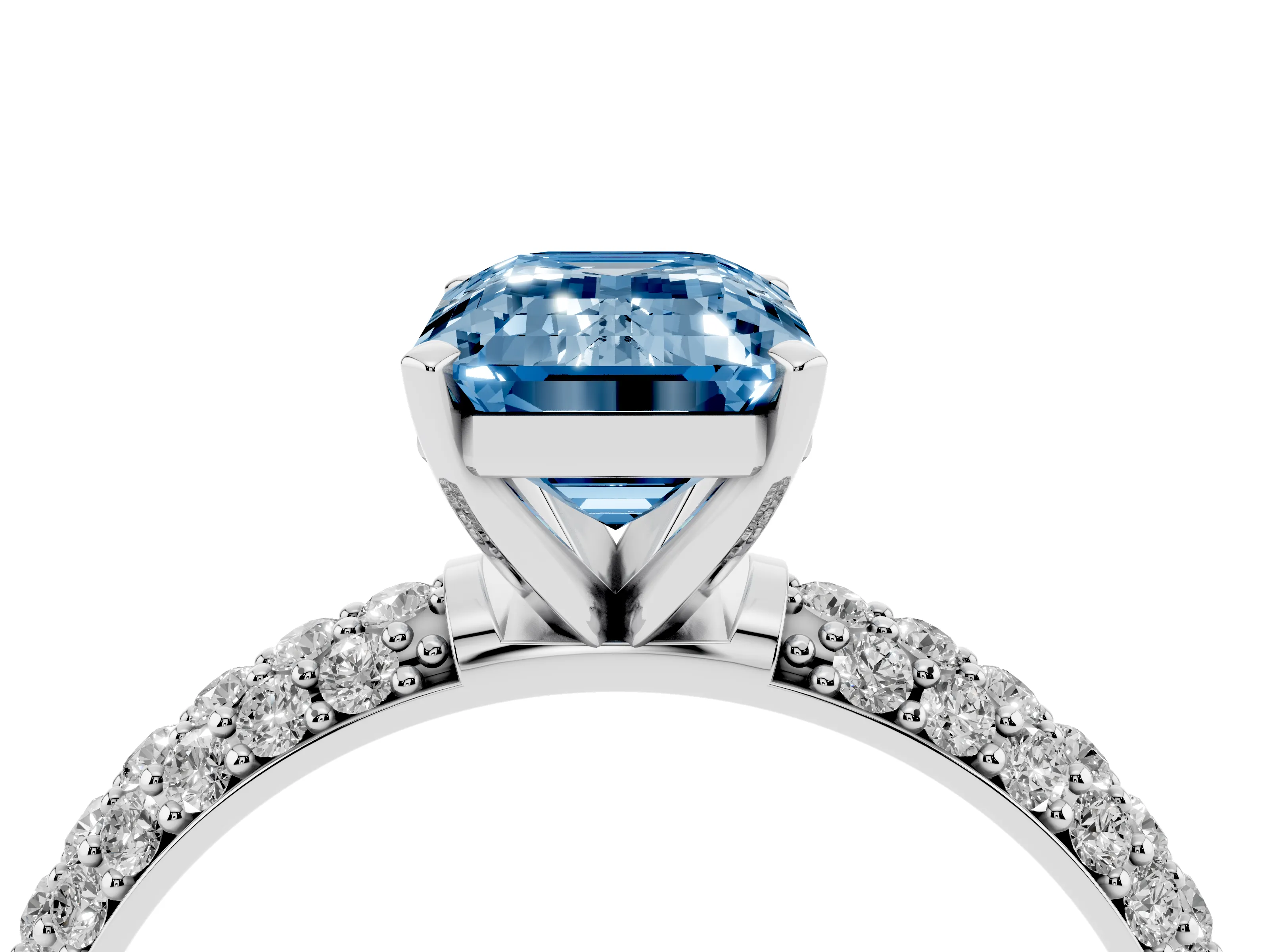 Fancy Blue Emerald Cut Diamond Solitaire Ring Set in Silver with Prong Setting and Pavé-Set Band