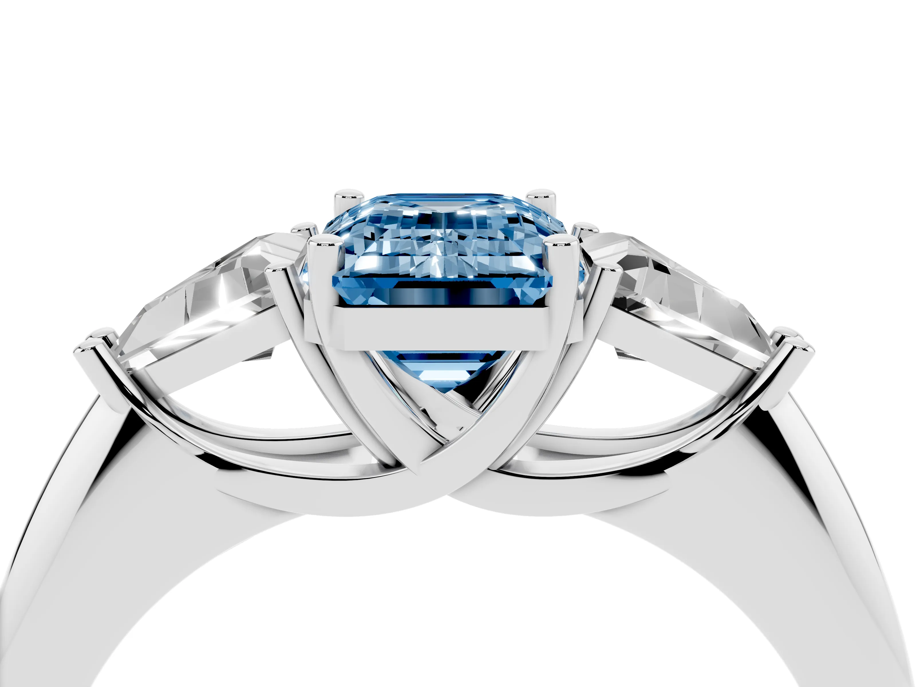 Fancy Blue Emerald Cut Diamond Three-Stone Engagement Ring Set in Platinum with Trillion Side Stones