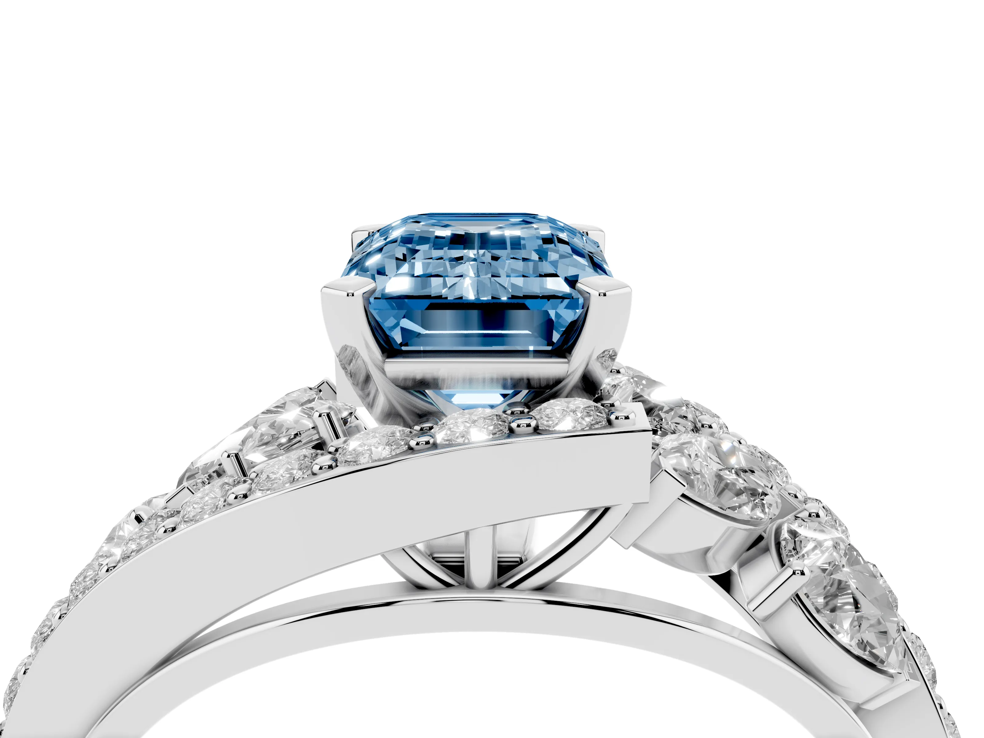 Fancy Blue Emerald Cut Diamond Halo Ring Set in Silver with Marquise and Pavé Band in Prong Setting
