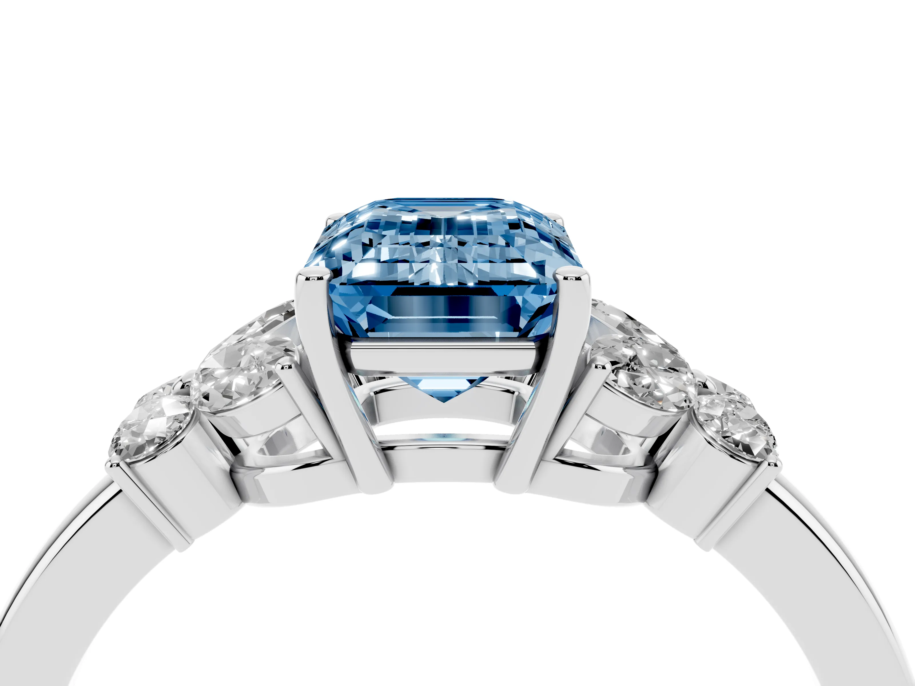 Fancy Blue Emerald Cut Diamond Solitaire Floral Ring Set in Silver with Marquise Petals and Prong Setting