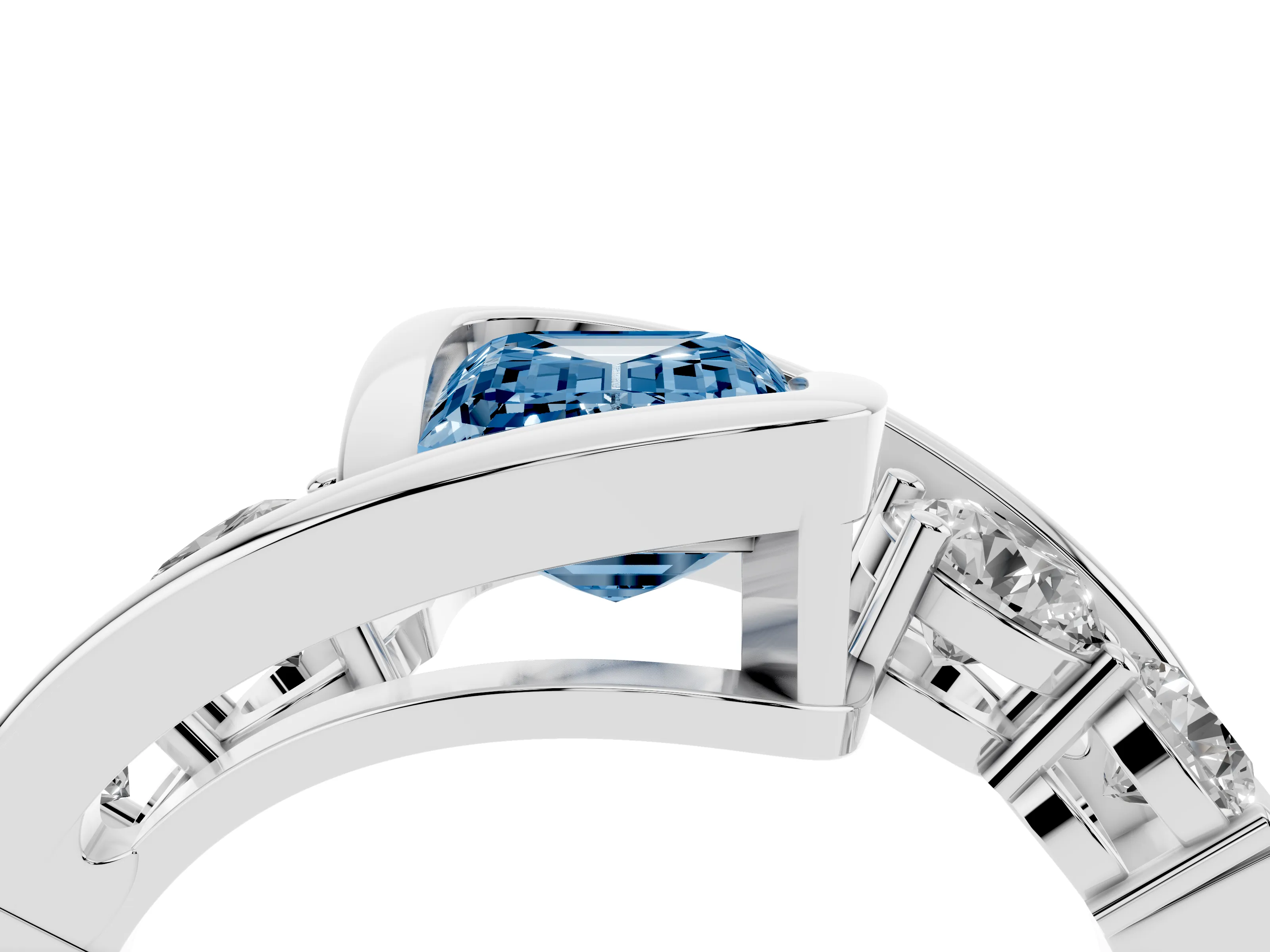 Fancy Blue Emerald Cut Diamond Bezel Bypass Ring Set in Silver with Round Accents
