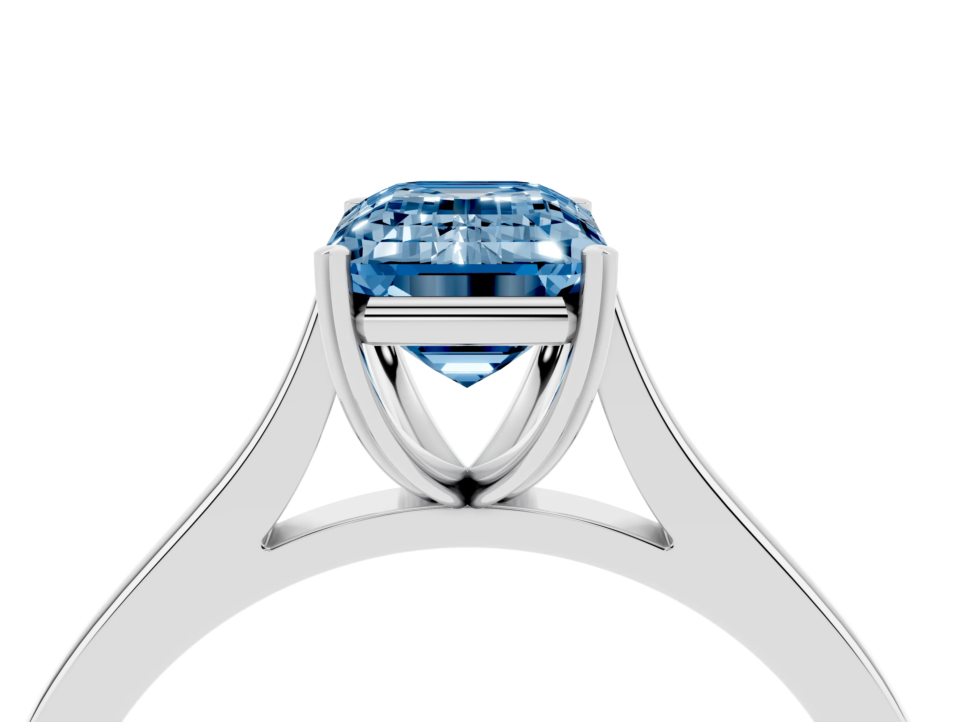 Fancy Blue Emerald Cut Diamond Solitaire Heart Prong Engagement Ring Set in Silver with Tapered Band