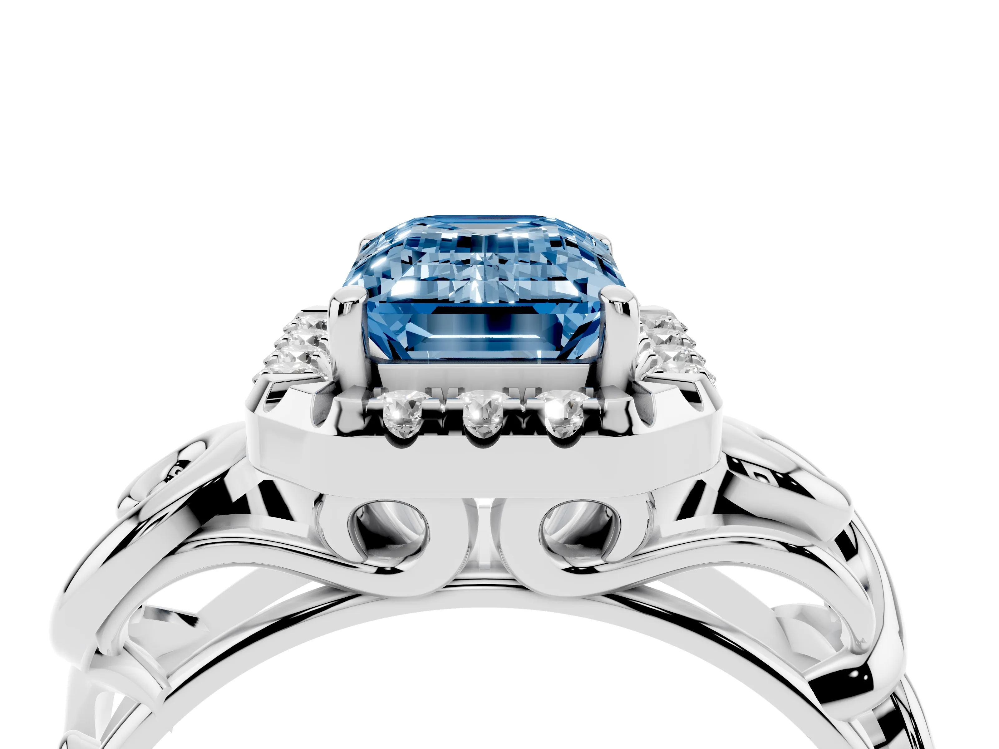 Fancy Blue Emerald Cut Diamond Halo Ring Set in Platinum with Scrollwork Band and Prong Setting