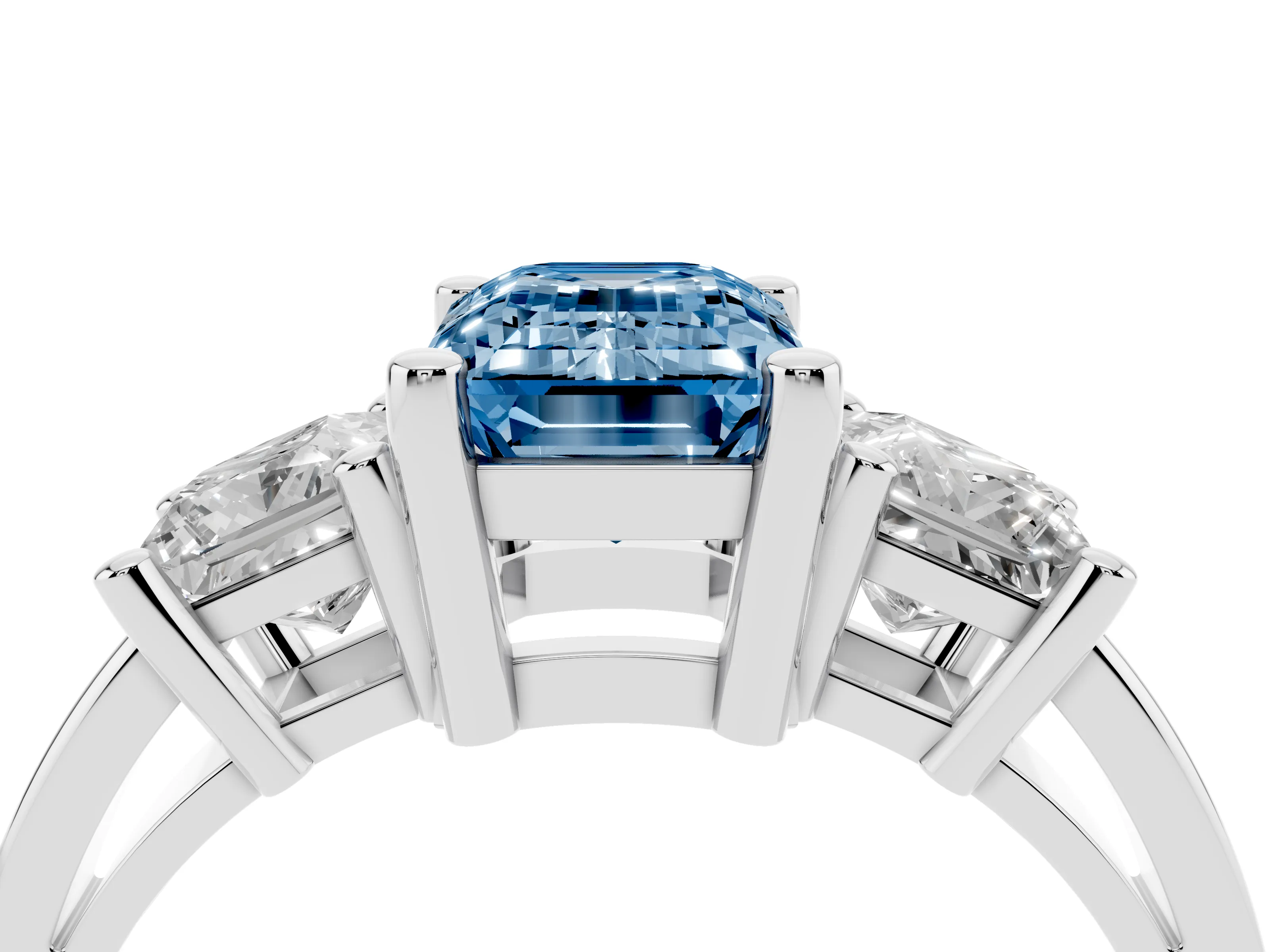 Fancy Blue Three-Stone Emerald Cut Diamond Solitaire Ring Set in Platinum with Prong Setting
