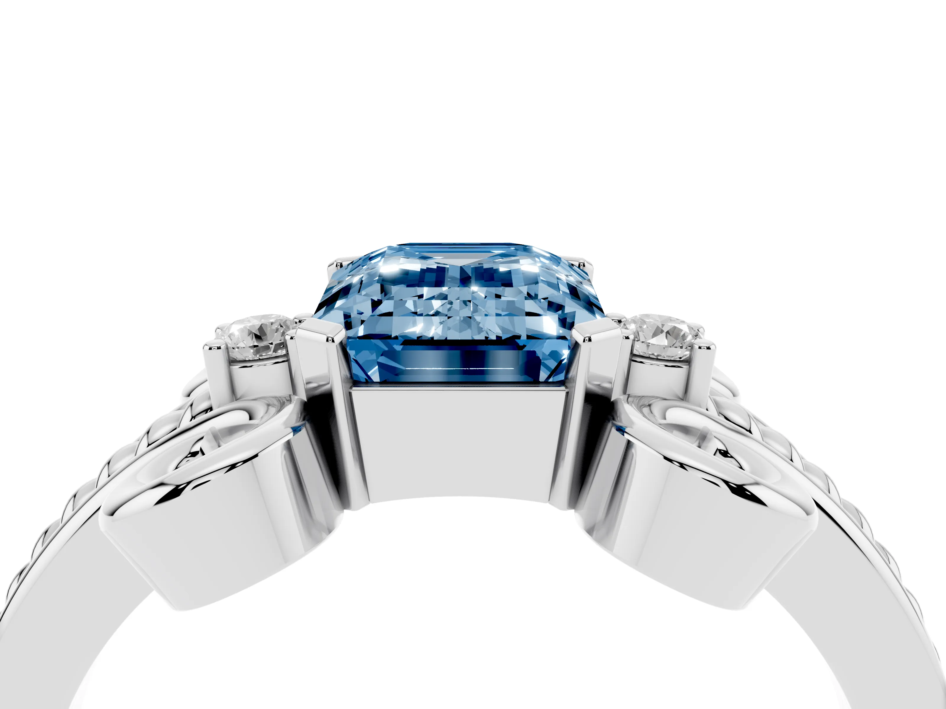 Fancy Blue Emerald Cut Diamond Twisted Band Solitaire Ring Set in Platinum with Scroll Prongs