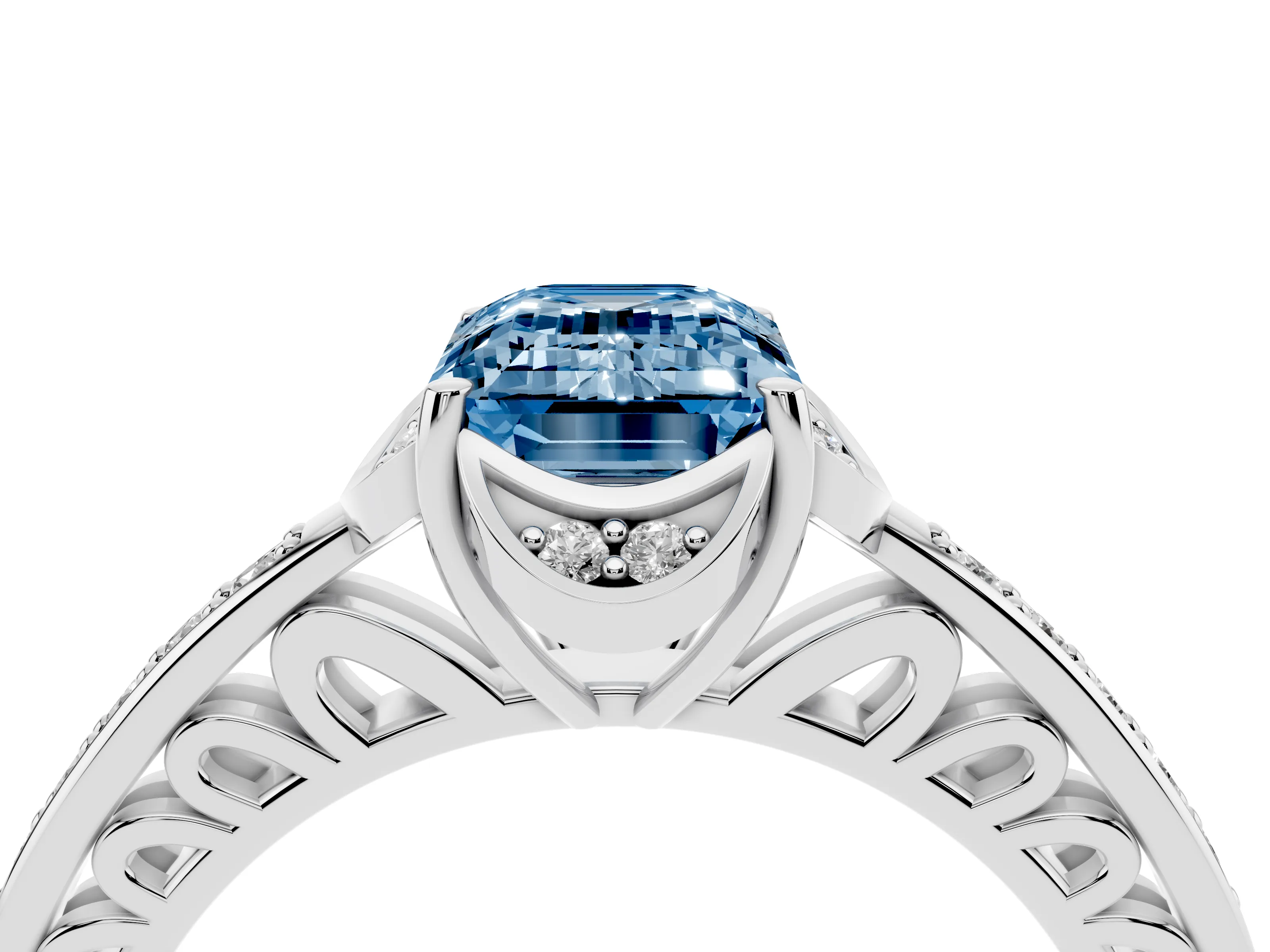Fancy Blue Emerald Cut Diamond Halo Ring Set in Silver with Channel Set Band and Prong Setting