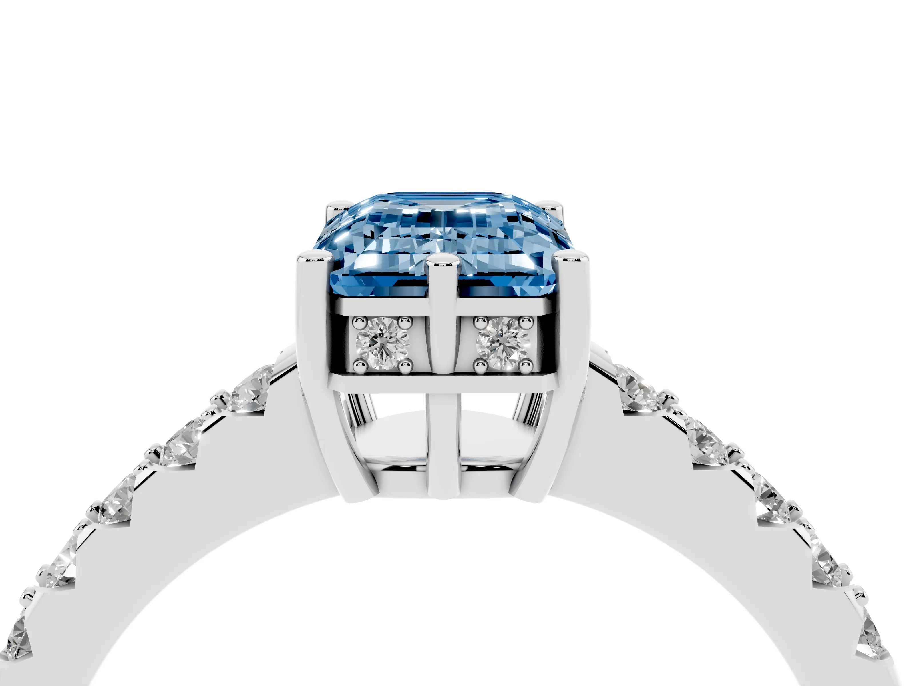 Fancy Blue Emerald Cut Diamond Solitaire Engagement Ring Set in Silver with Pavé Band and Prong Setting
