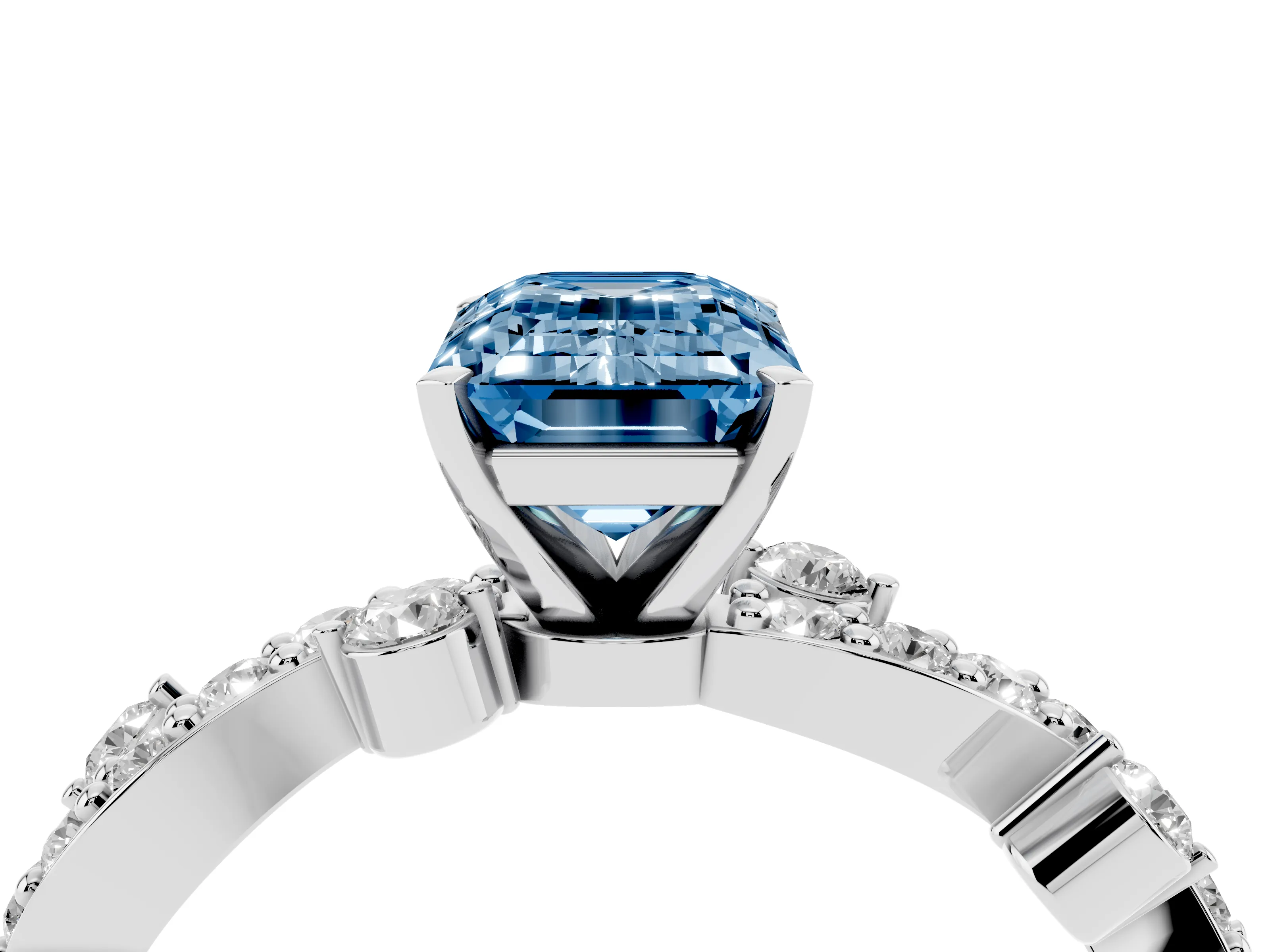 Fancy Blue Emerald Cut Diamond Solitaire Twisted Band Set in Silver with Pavé Setting