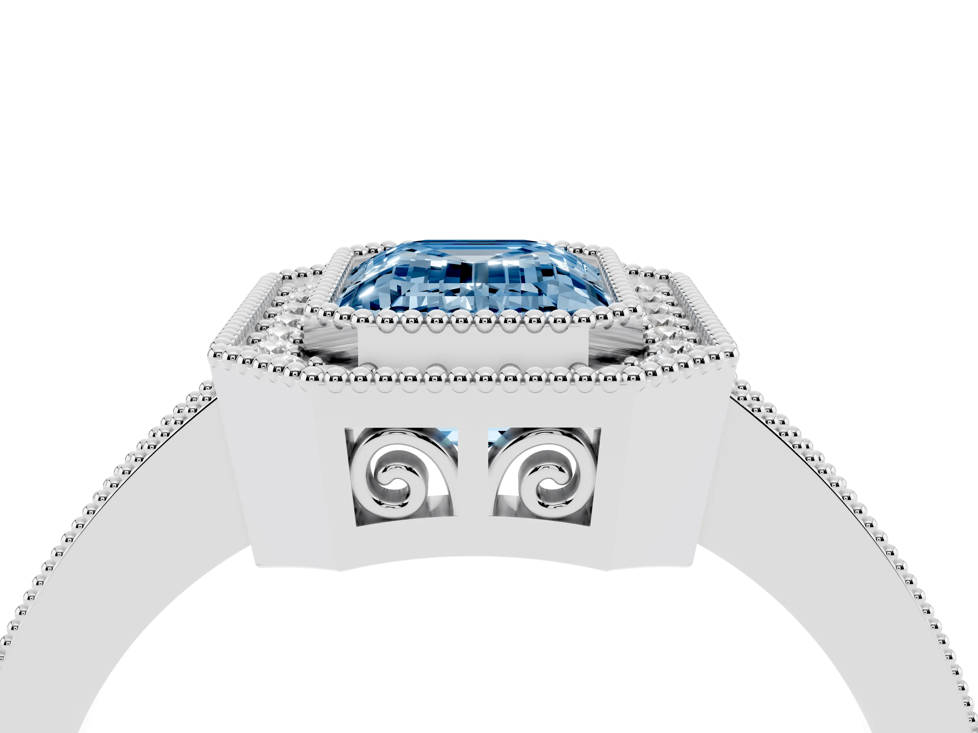 Fancy Blue Emerald Cut Diamond Round Halo Ring Set in Silver with Pavé Band