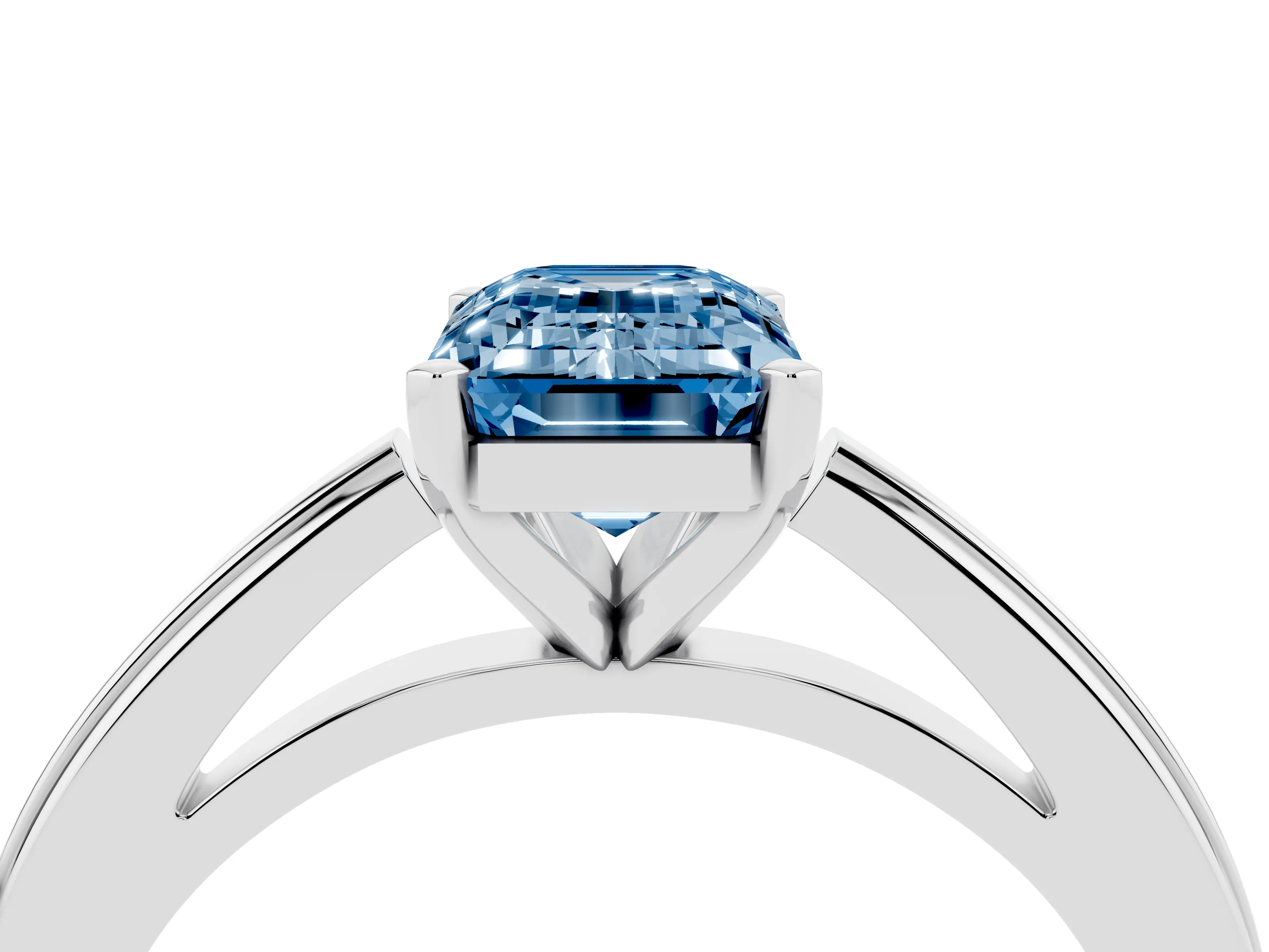 Fancy Blue Emerald Cut Diamond Solitaire Ring Set in Platinum with Prong Setting and Classic Band