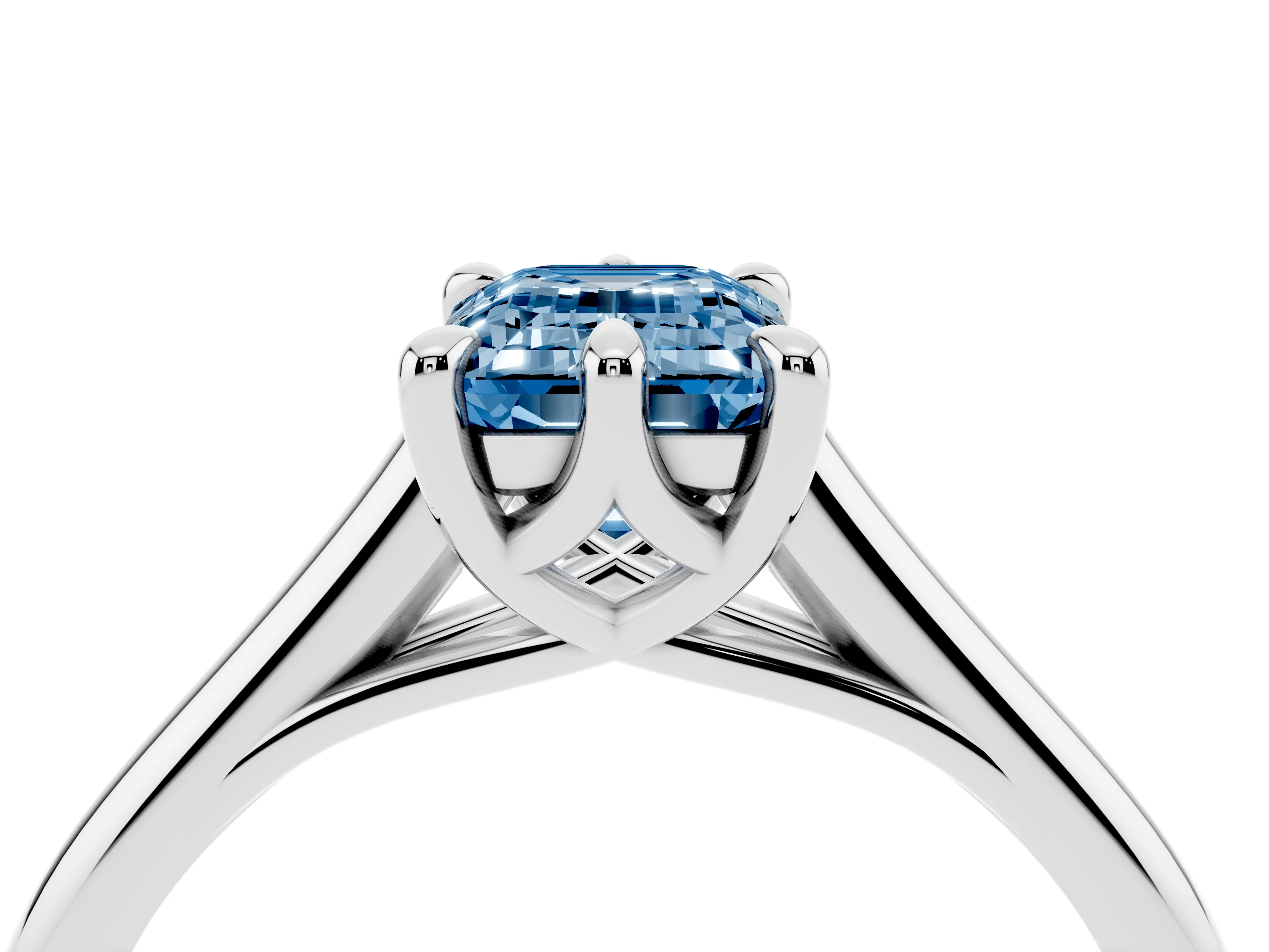 Fancy Blue Emerald Cut Diamond Solitaire Engagement Ring Set in White gold with Prong Setting and Plain Classic Band